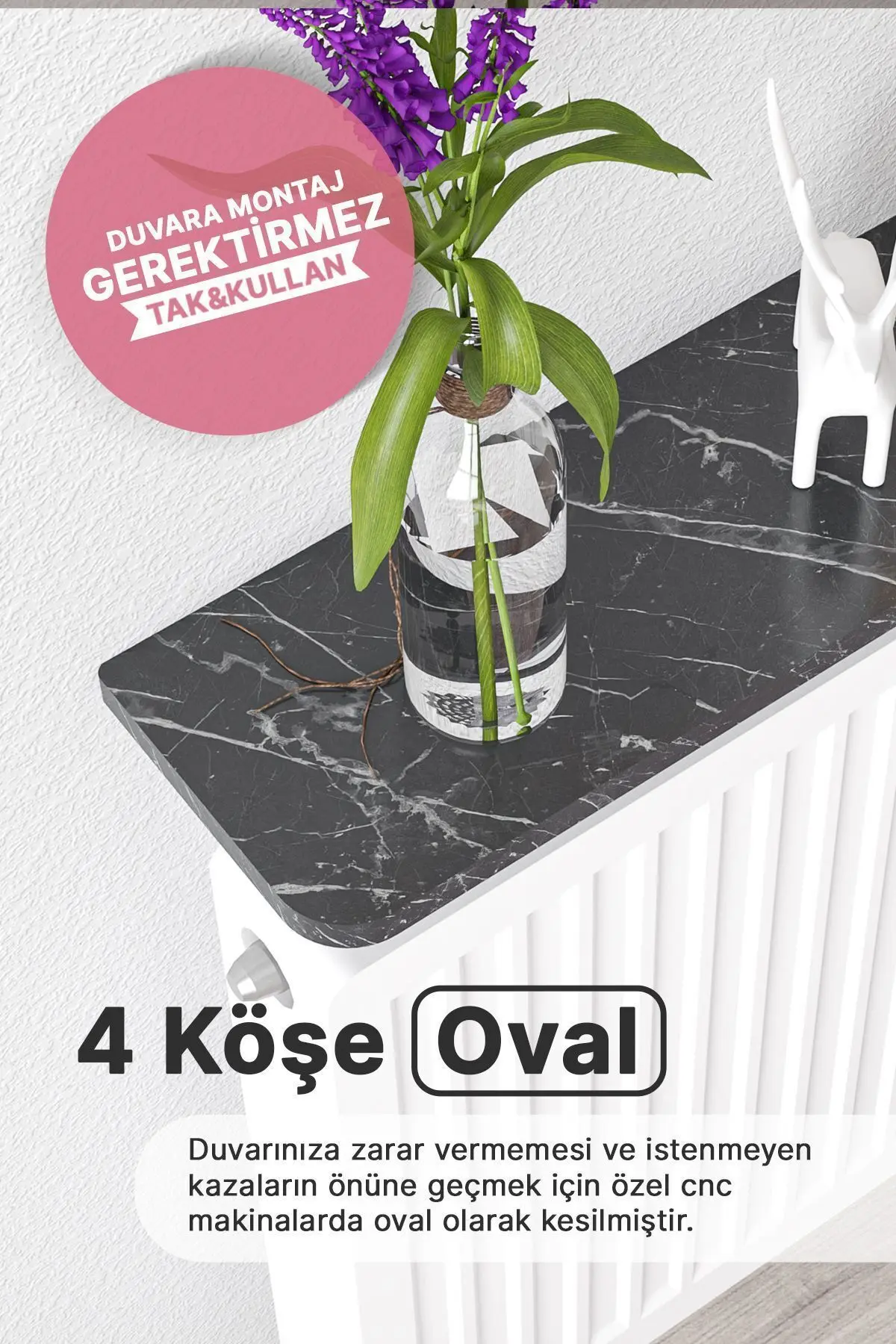 Montajsız Petek Üstü Uçan Raf Dresuar Kalorifer Peteği Rafı Kitaplık 80 X 18 Cm Siyah Mermer Oval