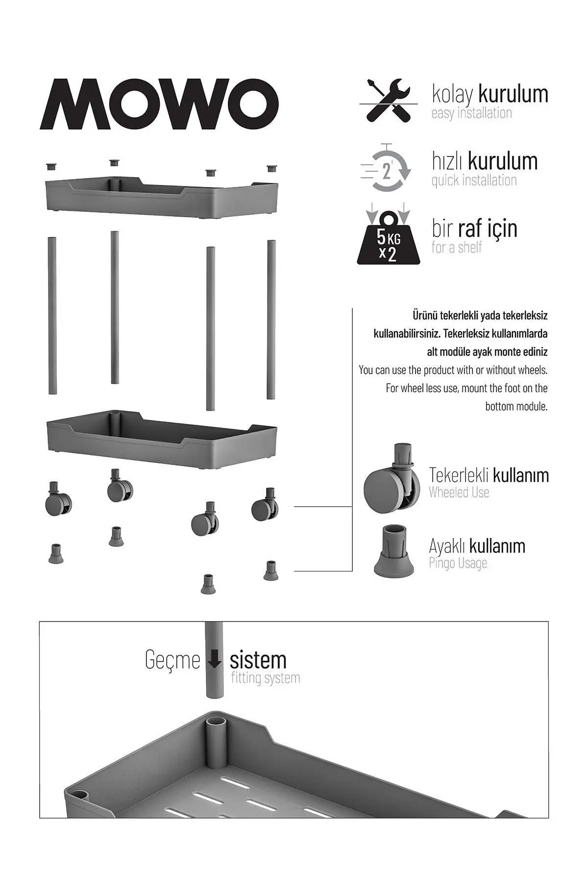 Mowo 2 Katlı Tekerlekli Düzenleyici Mutfak Rafı Banyo Rafı Tezgah Altı Evye Altı Deterjanlık
