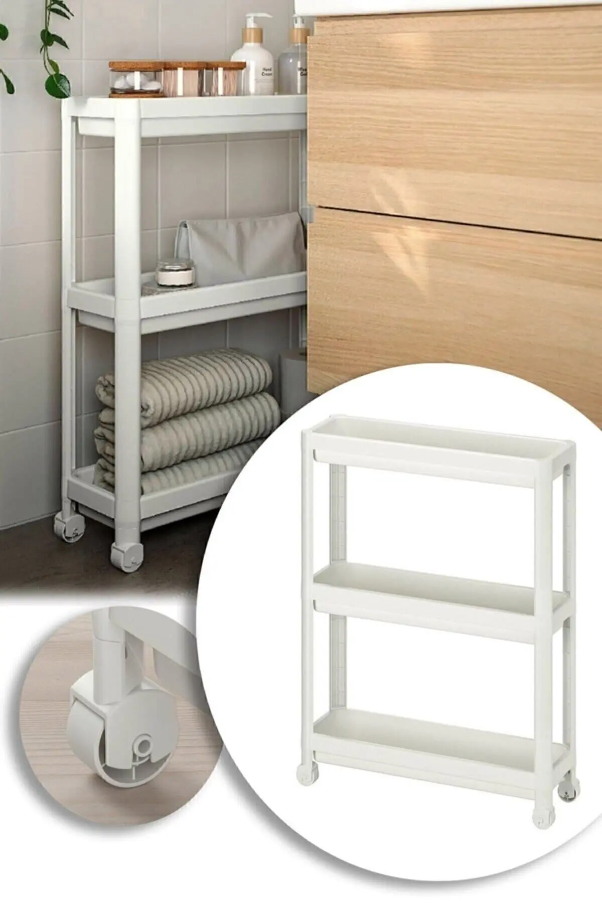 Vesken Tekerlekli Raf Ünitesi 3 Katlı Beyaz Banyo Rafı Mutfak Rafı Servis Sehpası Organizer