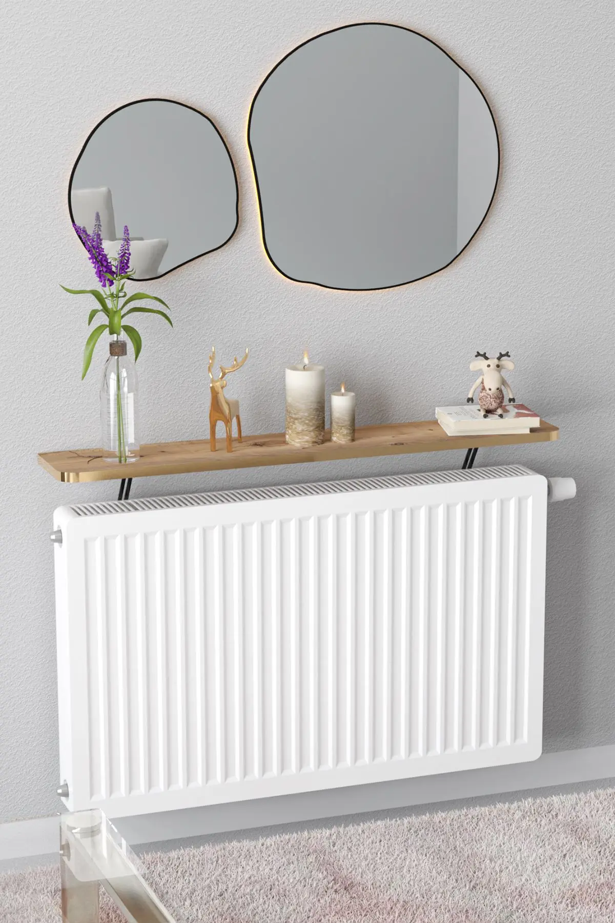 Riv Petek Üstü Uçan Raf Dresuar Kalorifer Peteği Rafı 120 X 18 Cm Gold Çam Oval Kesim