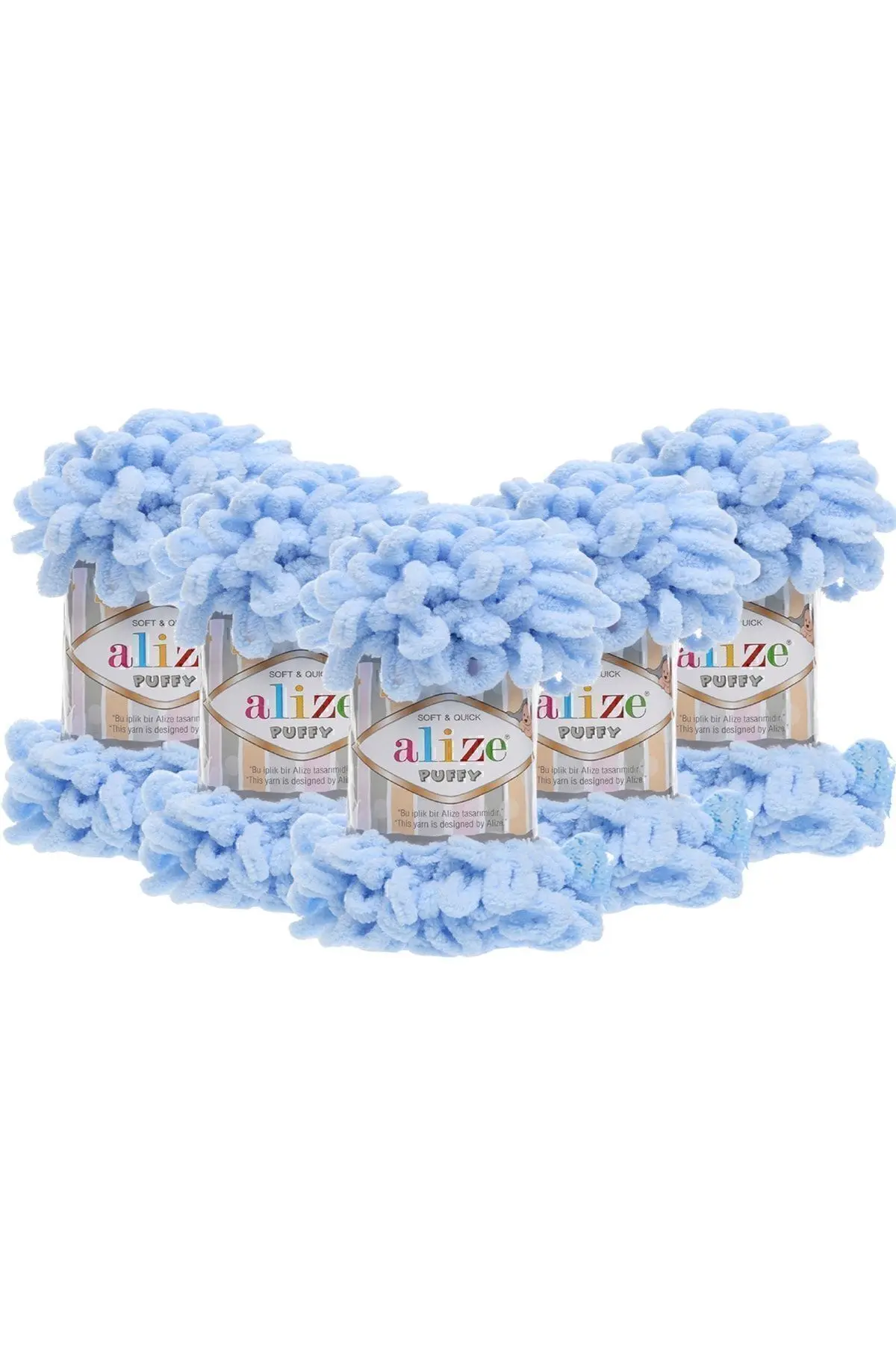 Alize El Örgü Ipliği Puffy 5'li Paket - 183 Açık Mavi - 100 Gr. 9 Mt. Parmak Örgü Ipi