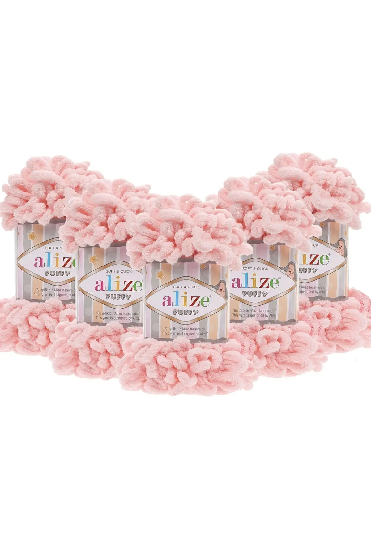 Alize El Örgü Ipliği Puffy 5'li Paket - 340 Pudra Pembe - 100 Gr. 9 Mt. Parmak Örgü Ipi