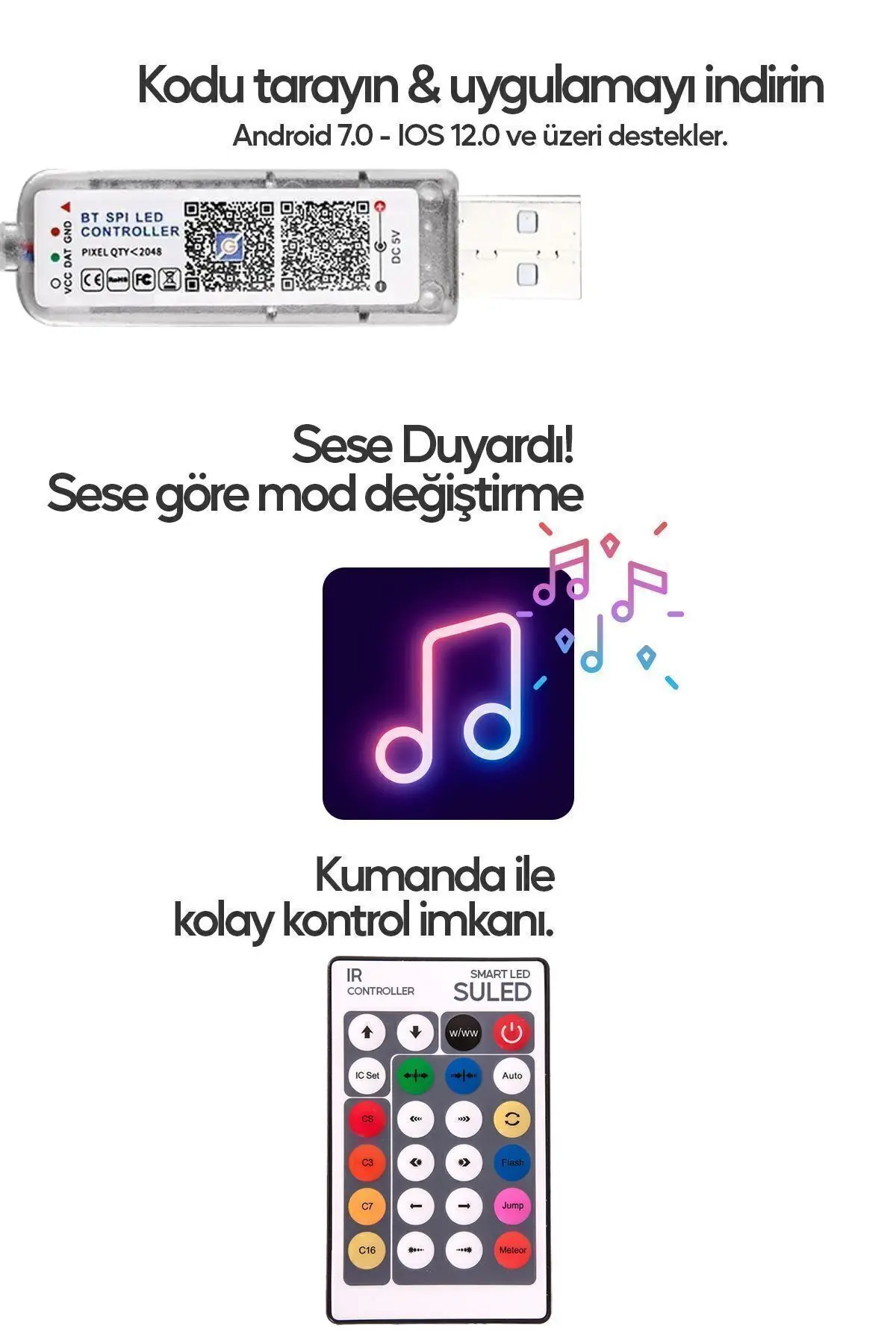 Tv Arkası 10 Metre Bluetooth Telefon Kontrollü Smart Şerit Led Sese Duyarlı Kumandalı Led Işık