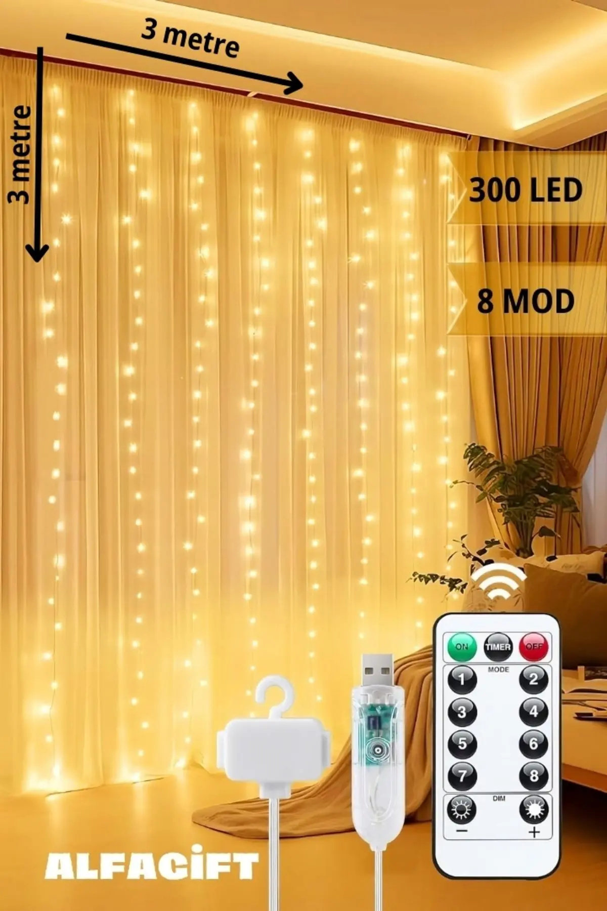 ALFAGİFT 300 Ledli 10 Sarkıt Perde Led Işık-8 Fonksiyon, Uzaktan Kumandalı, 3x3 Metre