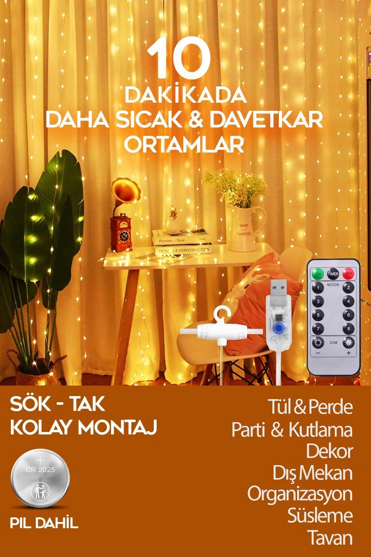 Perde Led 3x3 Metre Kumandalı 8 Mod Ambiyans Ayarlabilir Boy Dekor Mikro Led Işık Perde