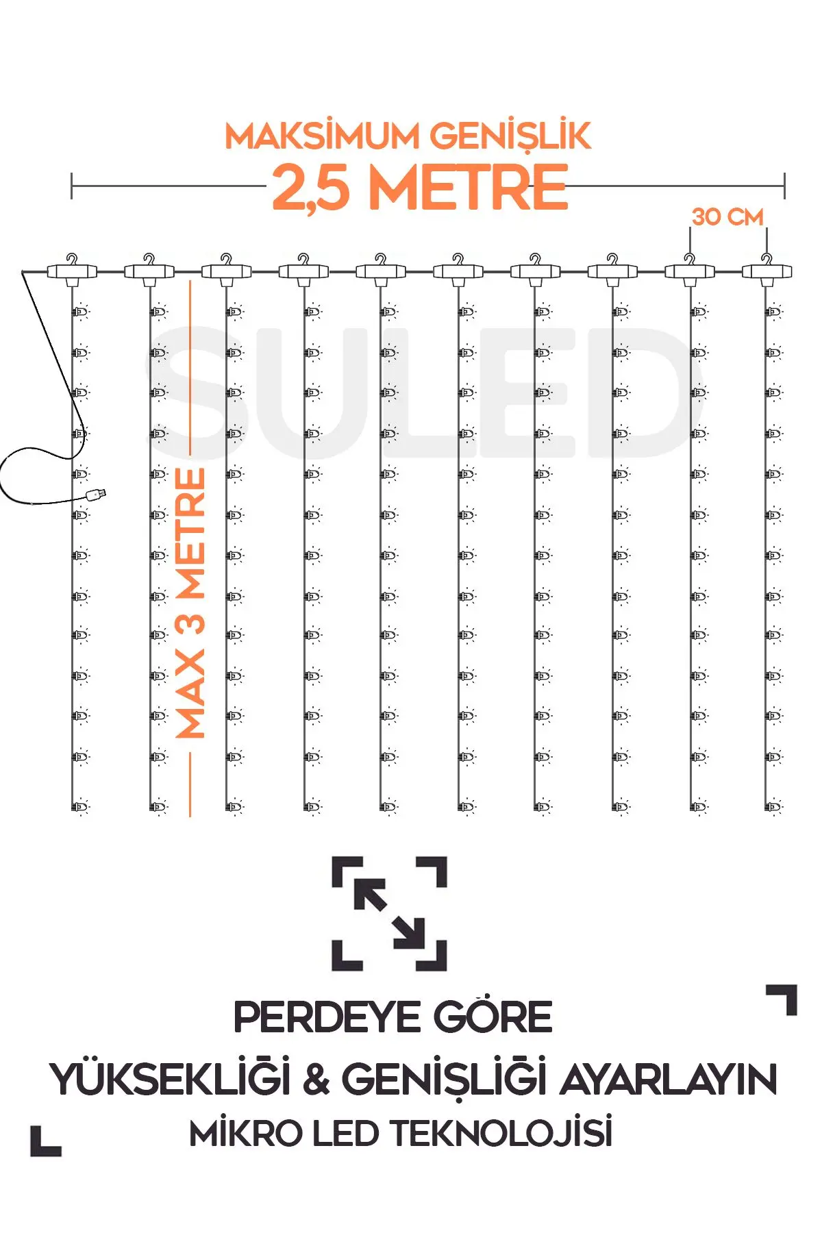 Perde Led 3x3 Metre Kumandalı 8 Mod Ambiyans Ayarlabilir Boy Dekor Mikro Led Işık Perde
