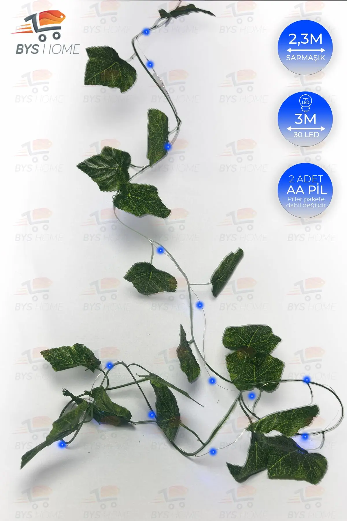 BYSHOME Dekoratif Yeşil Yapraklı 230 Cm Yapay Sarmaşık Ve 300 Cm Peri Led Mavi Renk
