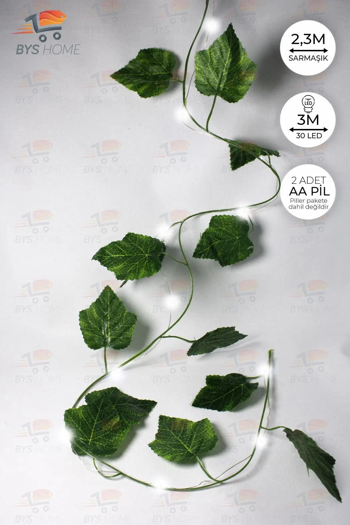 BYSHOME Dekoratif Yeşil Yapraklı 230 Cm Yapay Sarmaşık Ve 300 Cm Peri Led Beyaz Renk