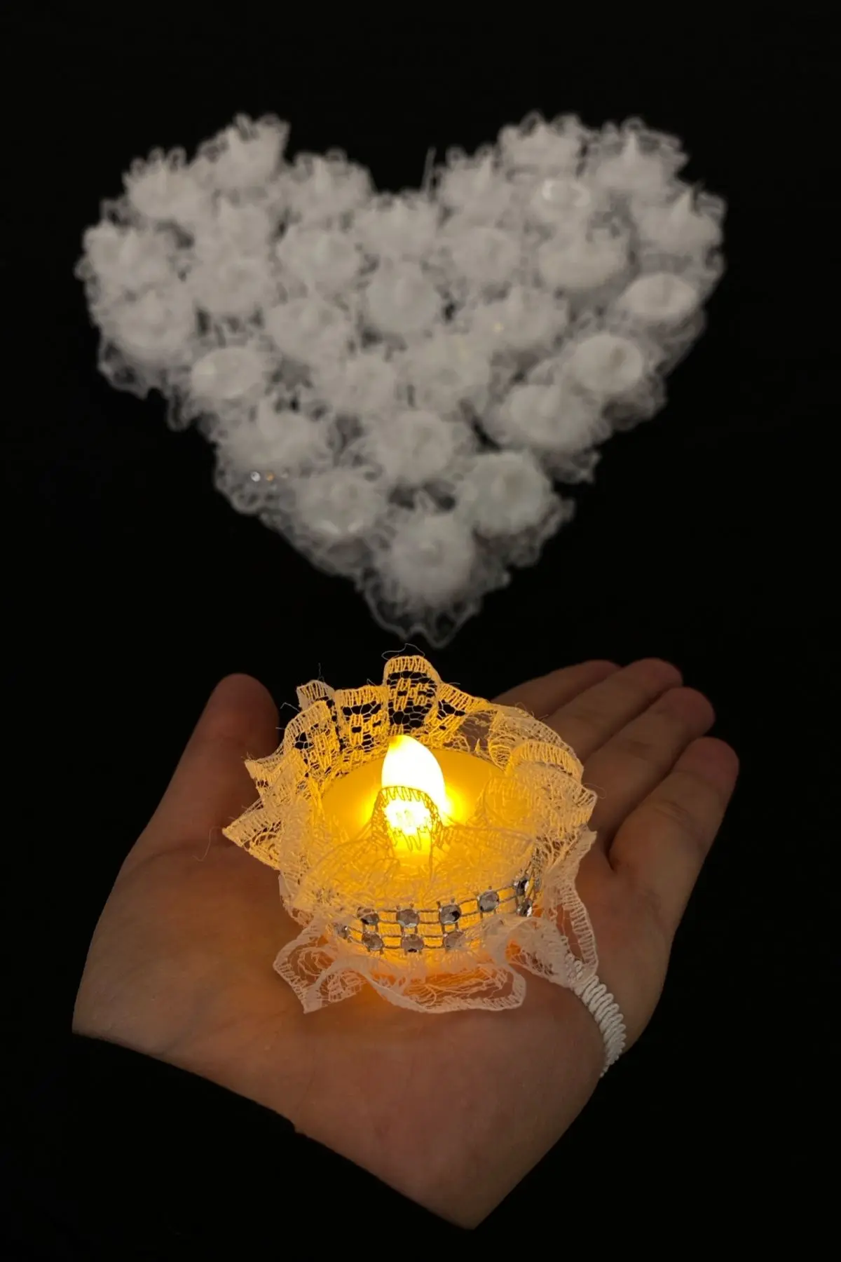 Beyaz Ledli Kına Mumu, Nedime El Mumu, Dantel Detaylı 12 Adet