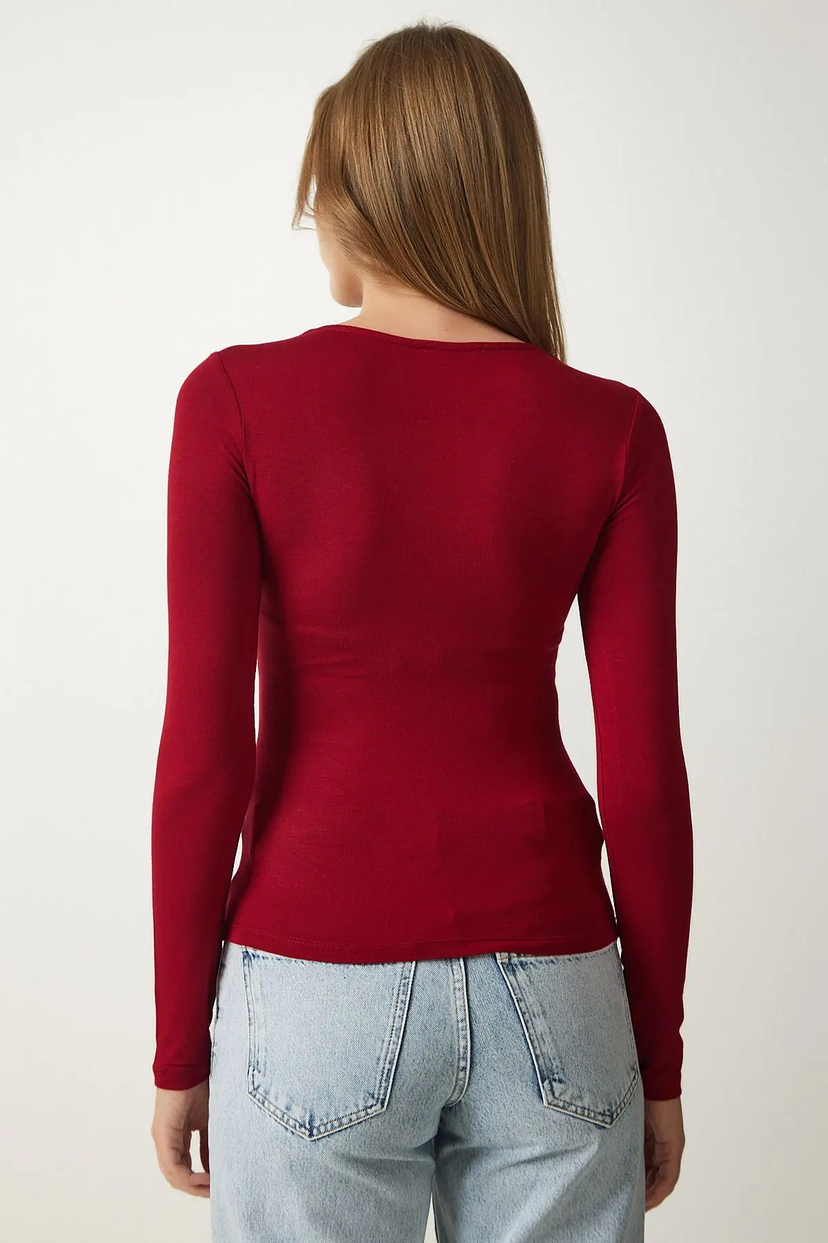 Kadın Bordo Kare Yaka Viskon Örme Bluz RX00040