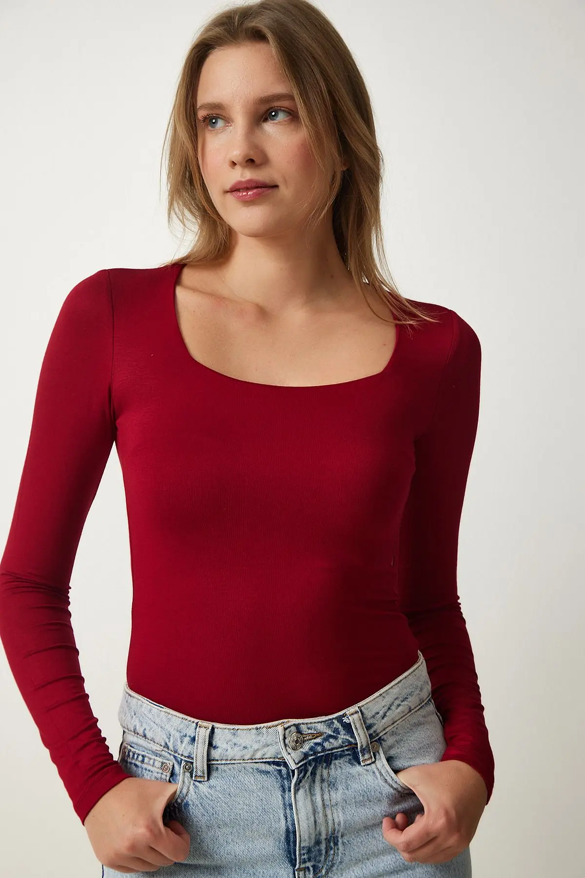 Kadın Bordo Kare Yaka Viskon Örme Bluz RX00040