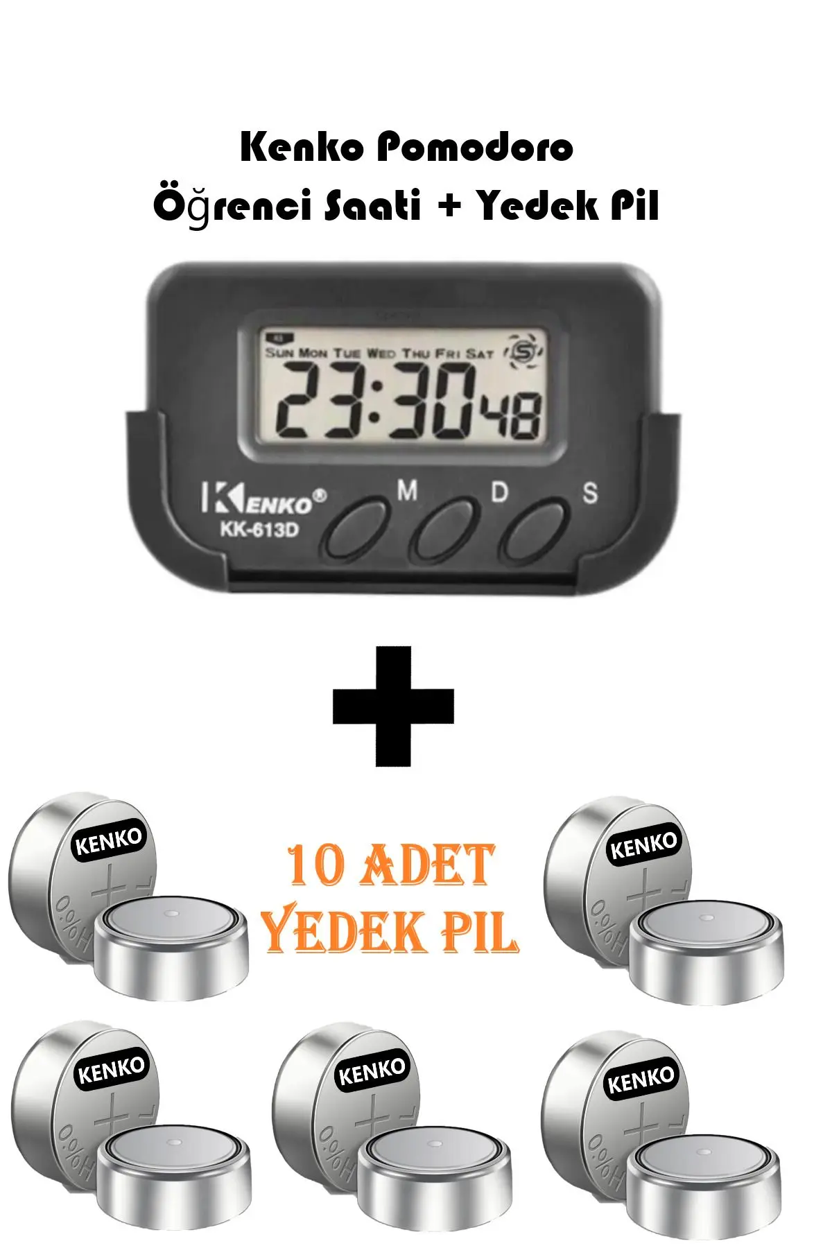 Kenko Kronometreli Pomodoro Öğrenci Ders Çalışma Masa Saati + 10 Adet Yedek Pil Set Okul Seti