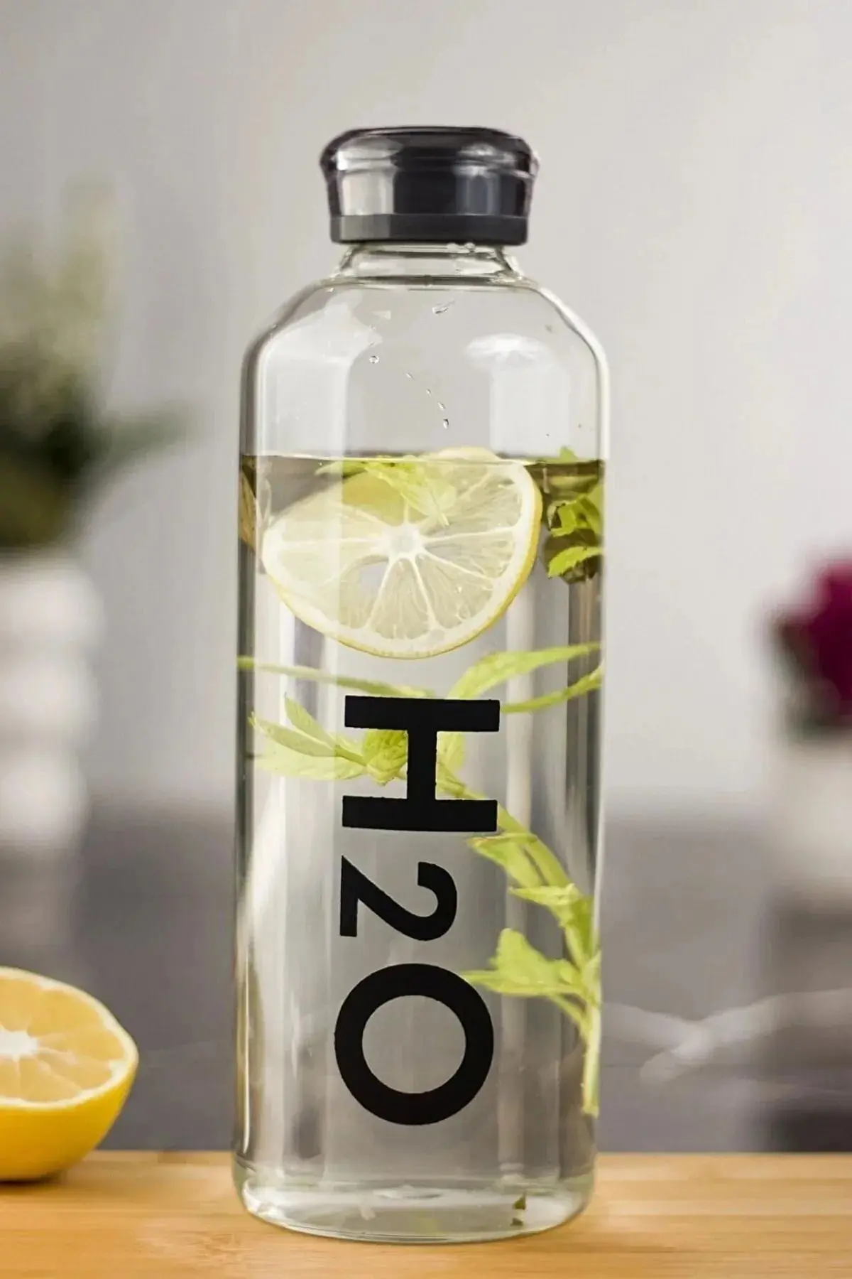 Atbyhome H2O Borosilikat Cam Matara 1L Vakum Kapaklı Su Şişesi Suluk 1000 Ml