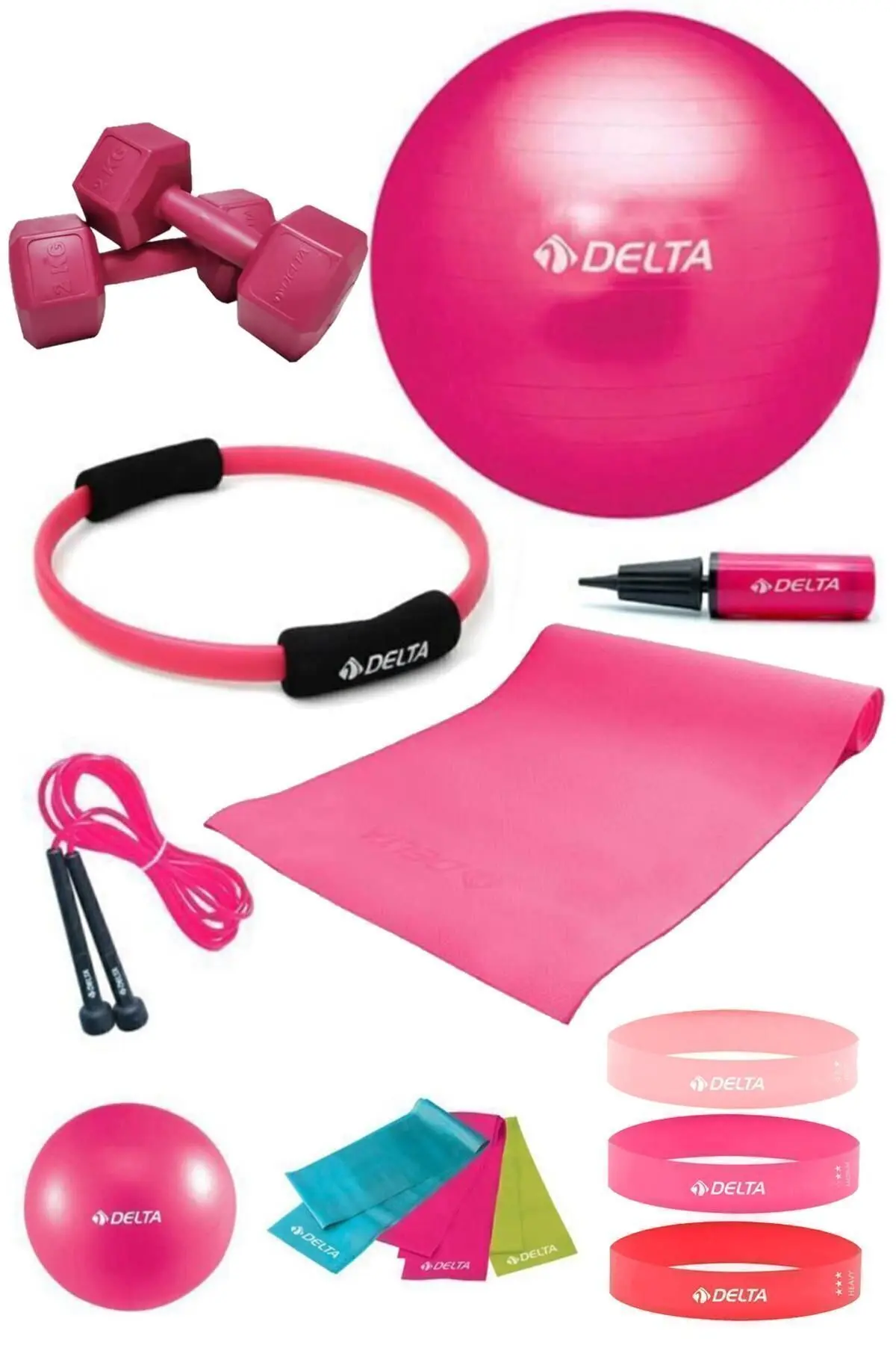 Delta 140 - 159 Cm Boya Uygun 14 Parça Pilates Seti 55 Cm Top 4 Mm Minder Çember Squat Bandı 1 Kg Dambıl