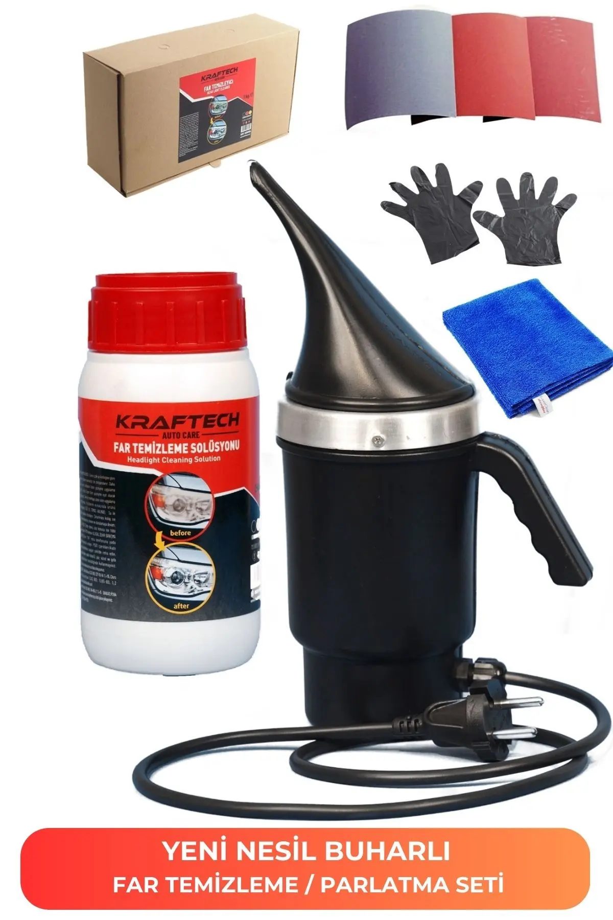 Kraftech Buharlı Far Temizleme Far Parlatma Seti (9 Parça Ürün)