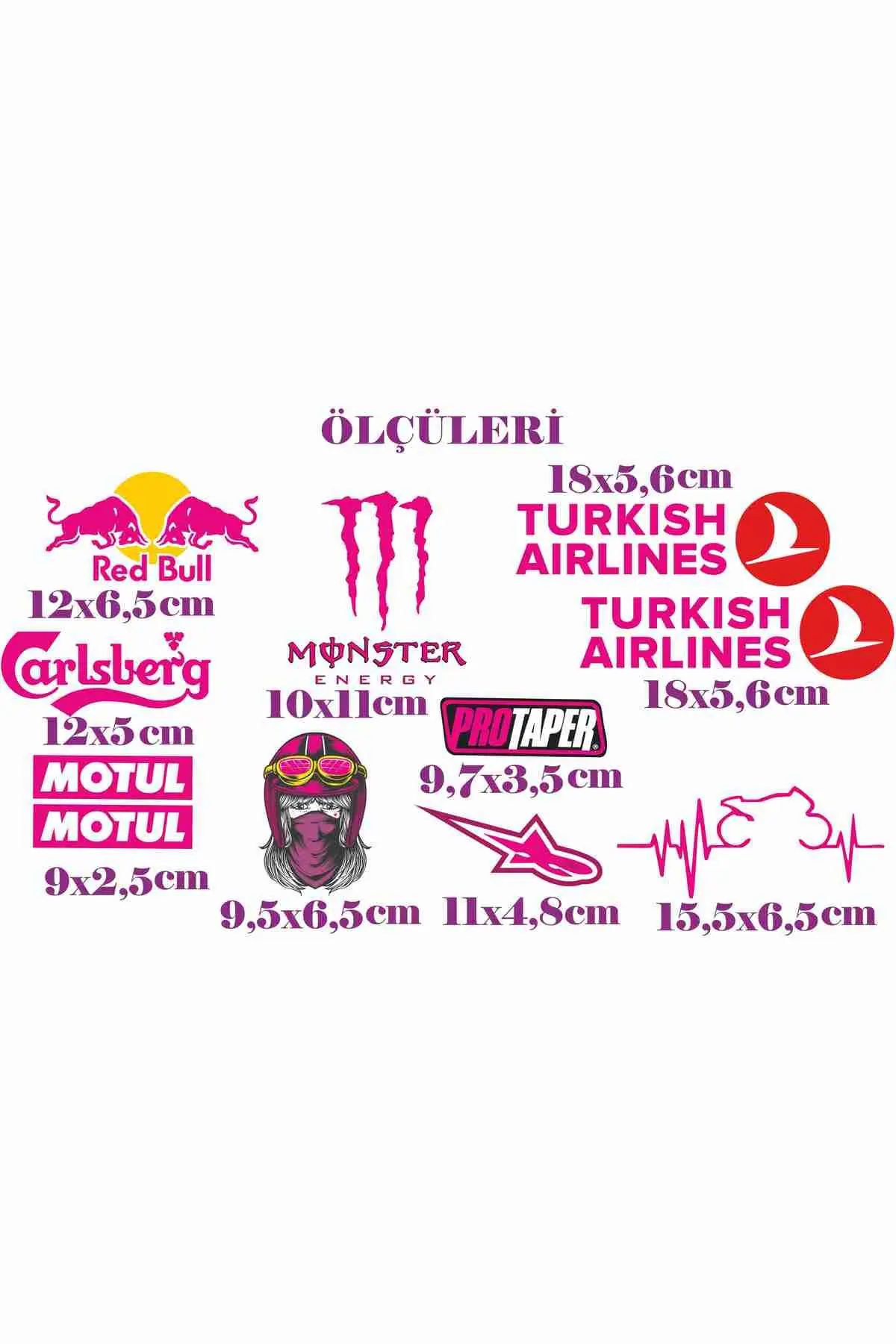 KADINLARA ÖZEL KASK , MOTORSİKLET STİCKER ETİKET SETİ THY REDBULL MONSTER Uyumlu PEMBE SET