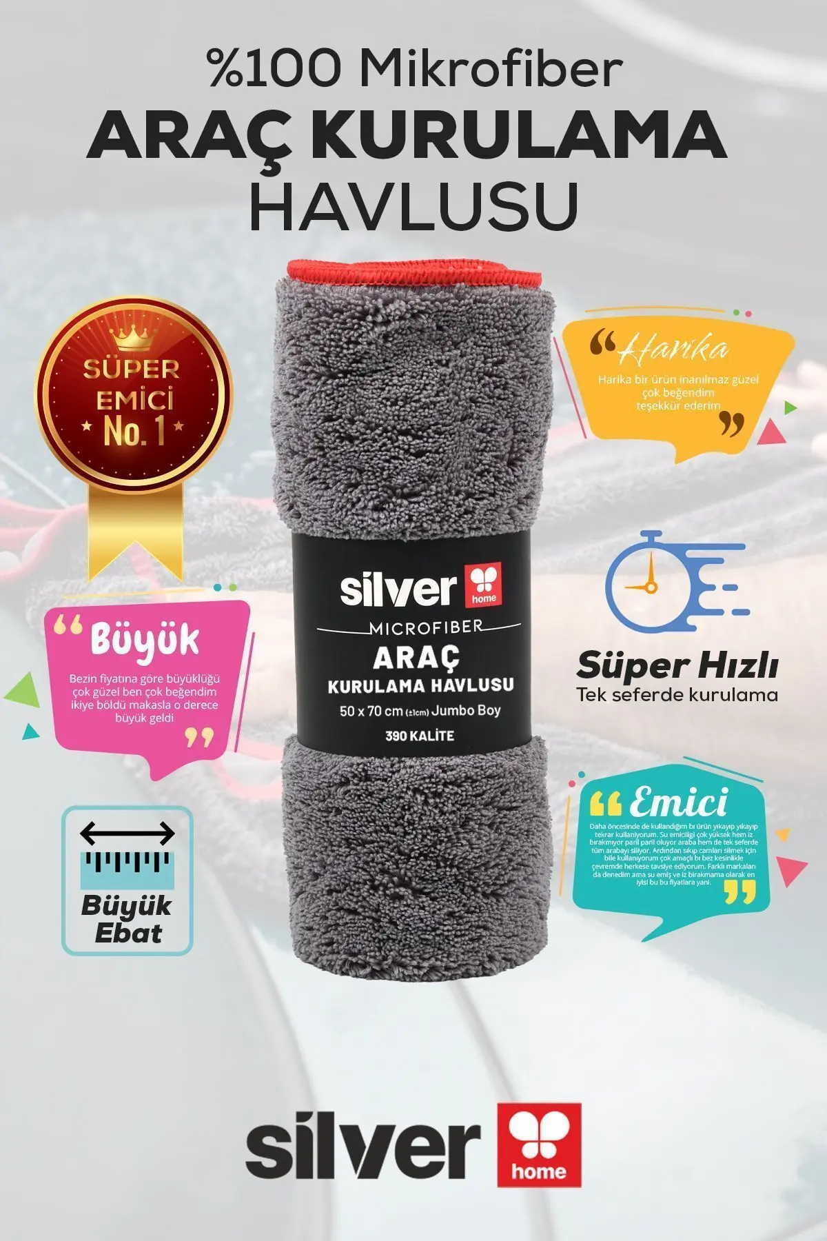 SİLVER HOME Silver Home Süper Emici Araç Kurulama Bezi 50x70 Cm - Mutfak Havlusu & Kurulama Bezi