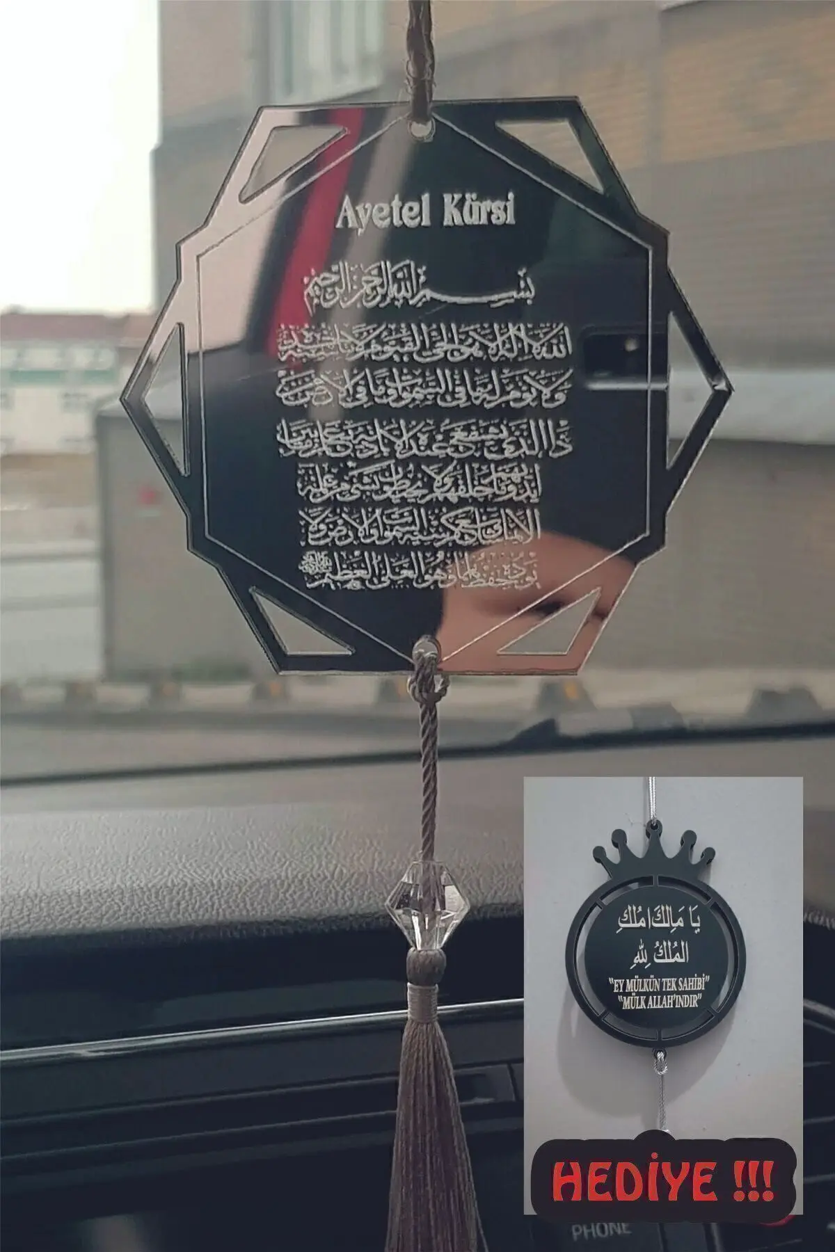 Essa Tasarım Pleksi Çift Taraflı Araba Süsü Altıgen Ayetel Kürsi Dualı Hediyeli !!! Dikiz Aynası Süsü