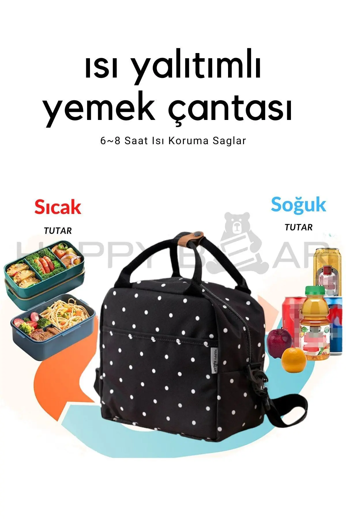 Isı Yalıtımlı Su Geçirmez Termal Çanta Yemek Taşıma Beslenme Çantası Askılı Siyah Puantiye Desenli