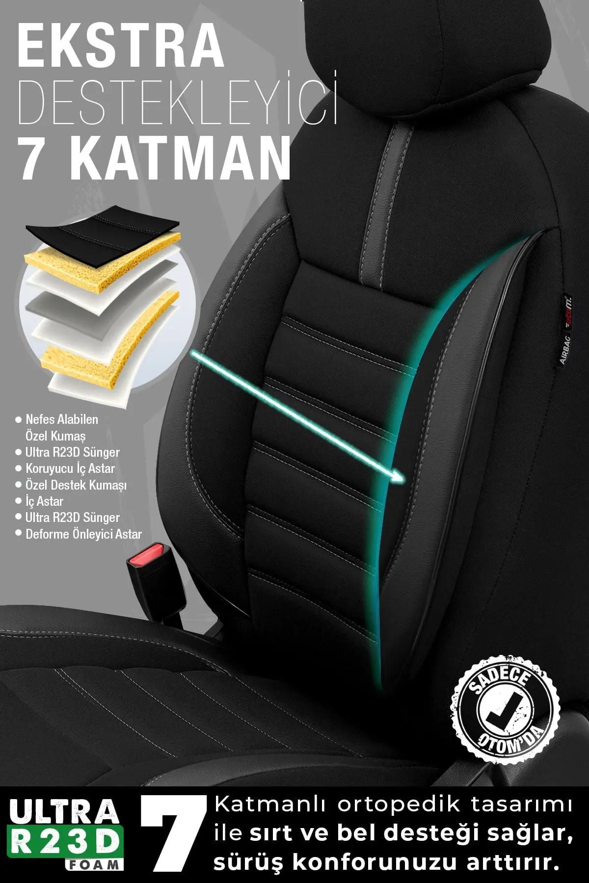 Limited Design Ortopedik Ekstra Destekli Oto Koltuk Kılıfı Tam Set - Siyah-Gri