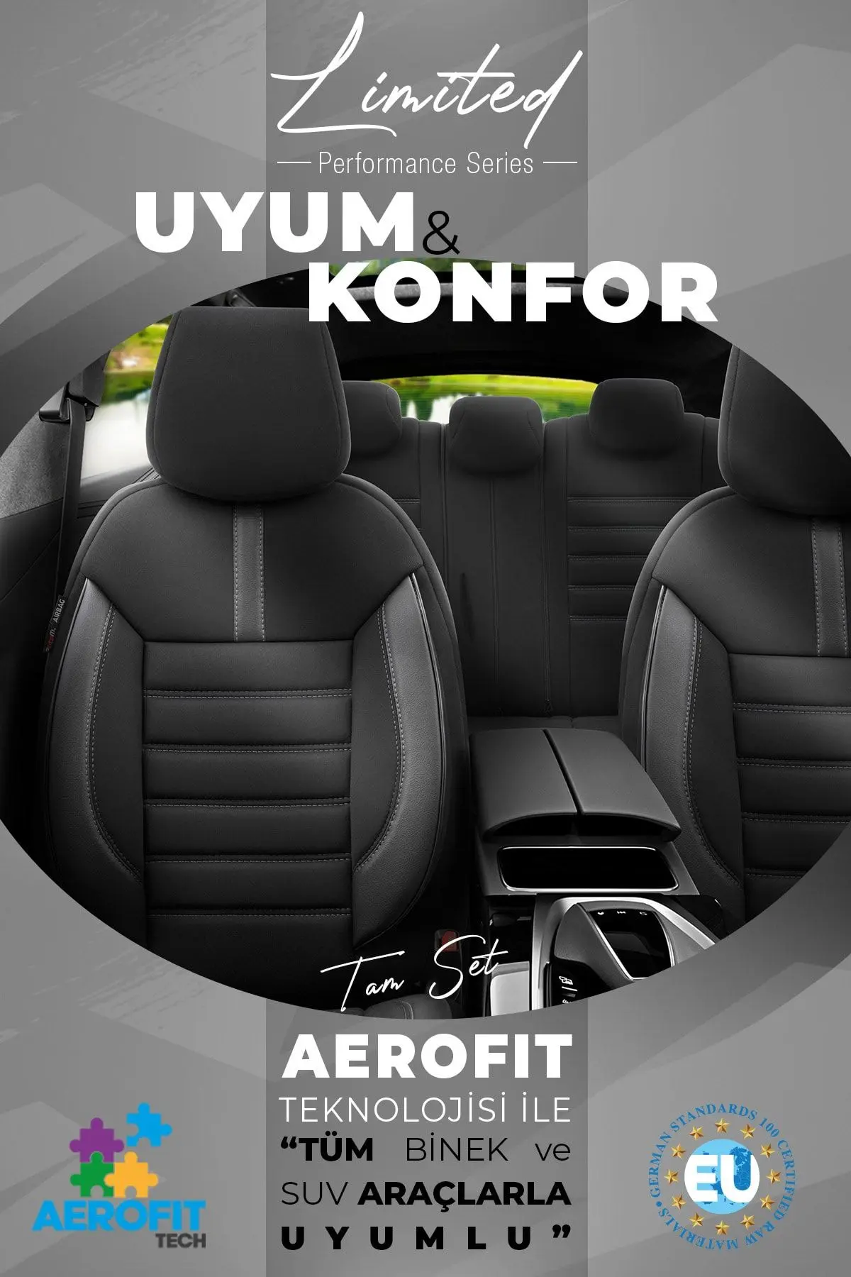 Limited Design Ortopedik Ekstra Destekli Oto Koltuk Kılıfı Tam Set - Siyah-Gri