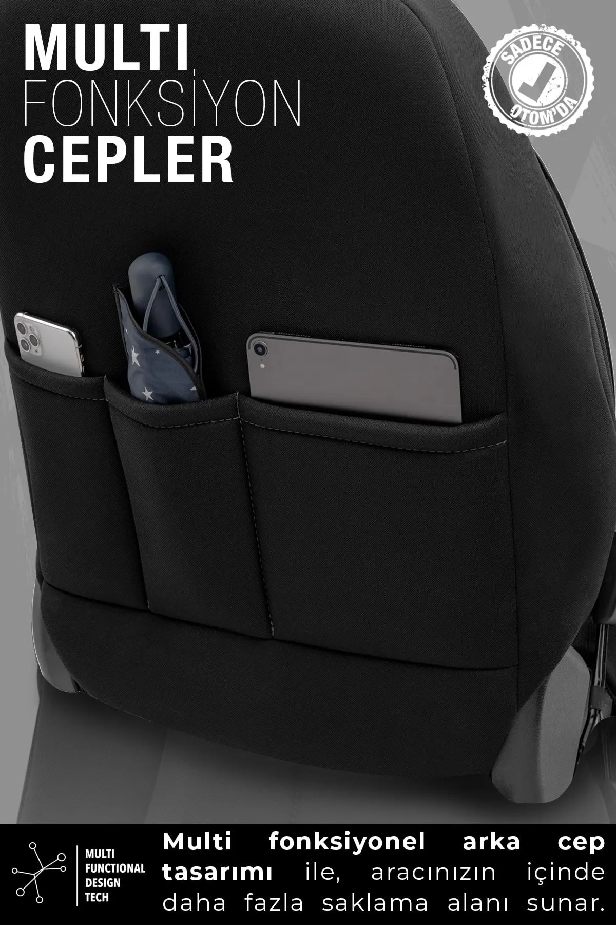 Limited Design Ortopedik Ekstra Destekli Oto Koltuk Kılıfı Tam Set - Siyah-Gri