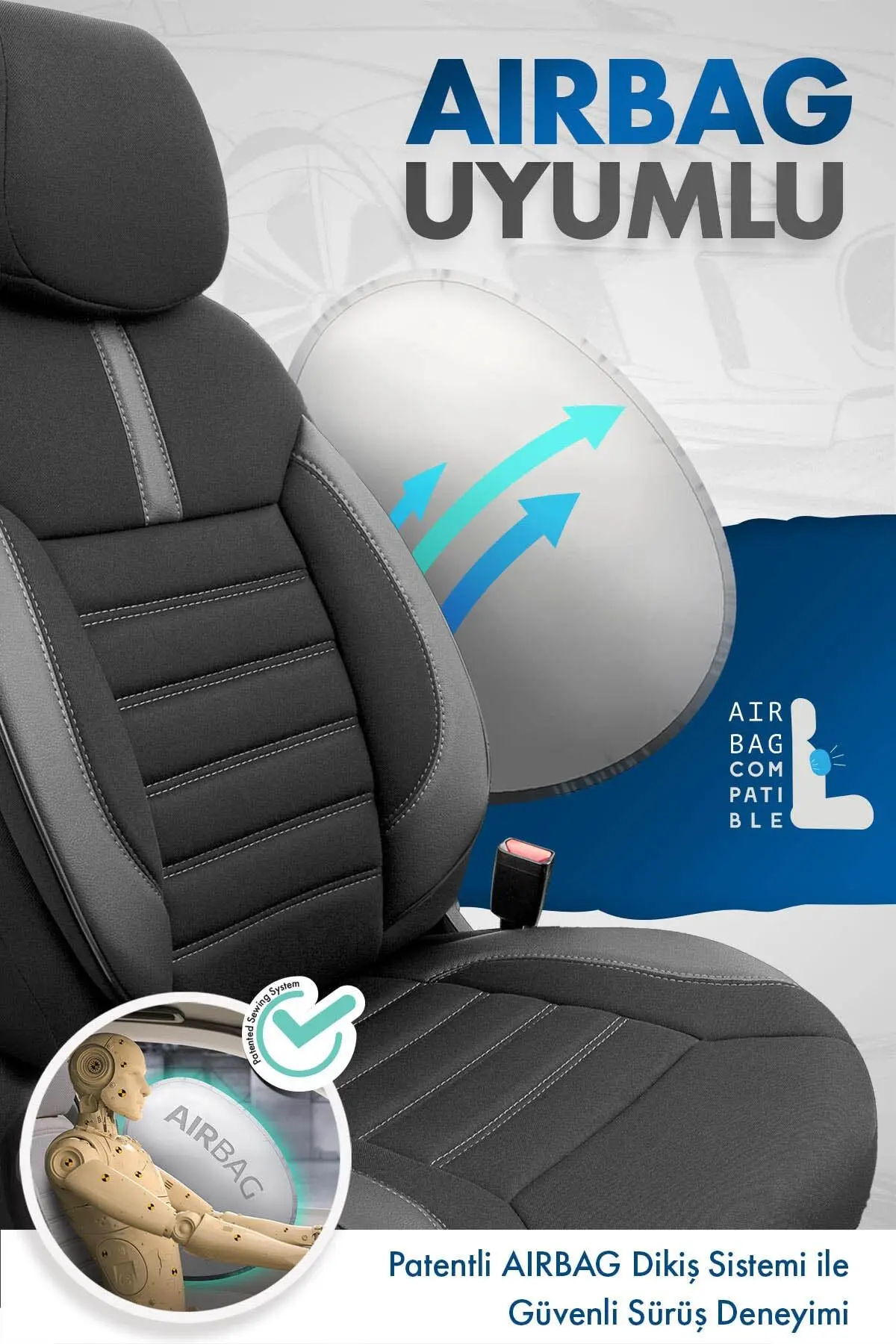 Limited Design Ortopedik Ekstra Destekli Oto Koltuk Kılıfı Tam Set - Siyah-Gri