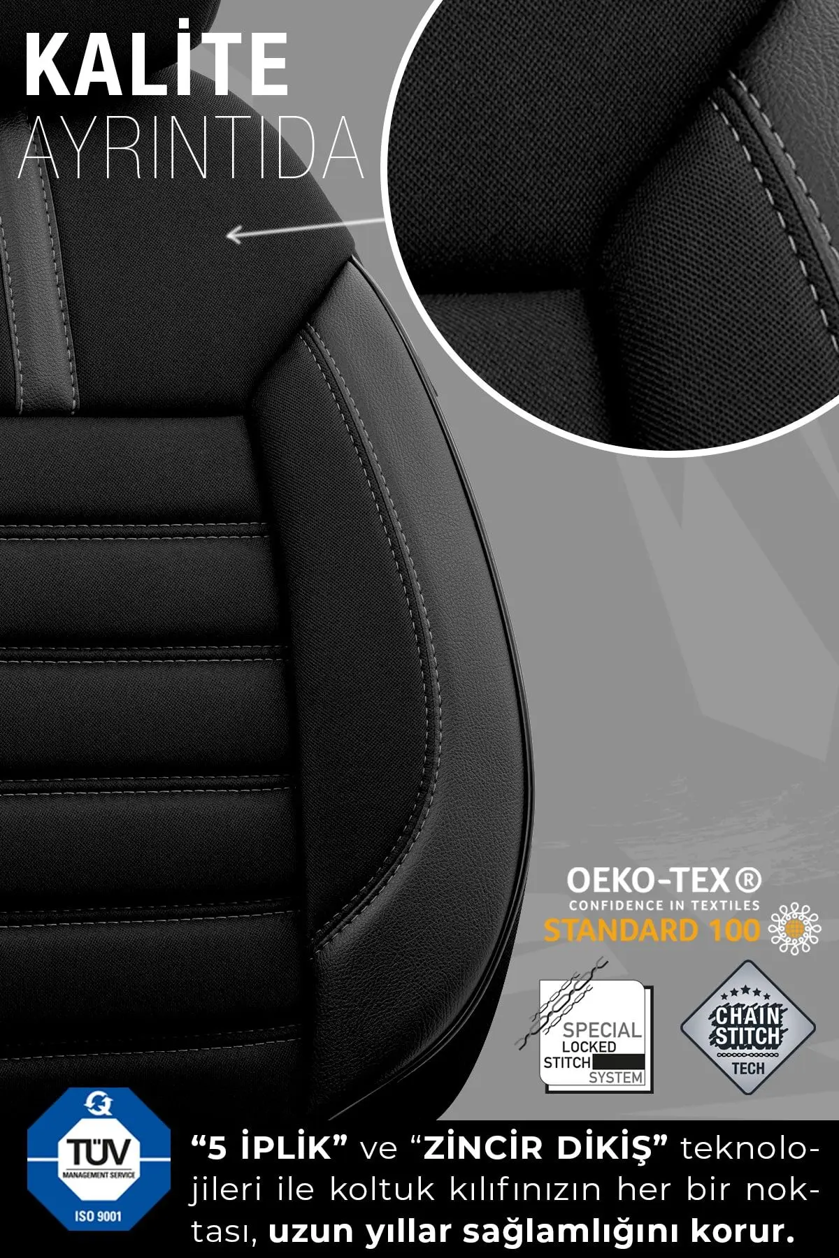 Limited Design Ortopedik Ekstra Destekli Oto Koltuk Kılıfı Tam Set - Siyah-Gri