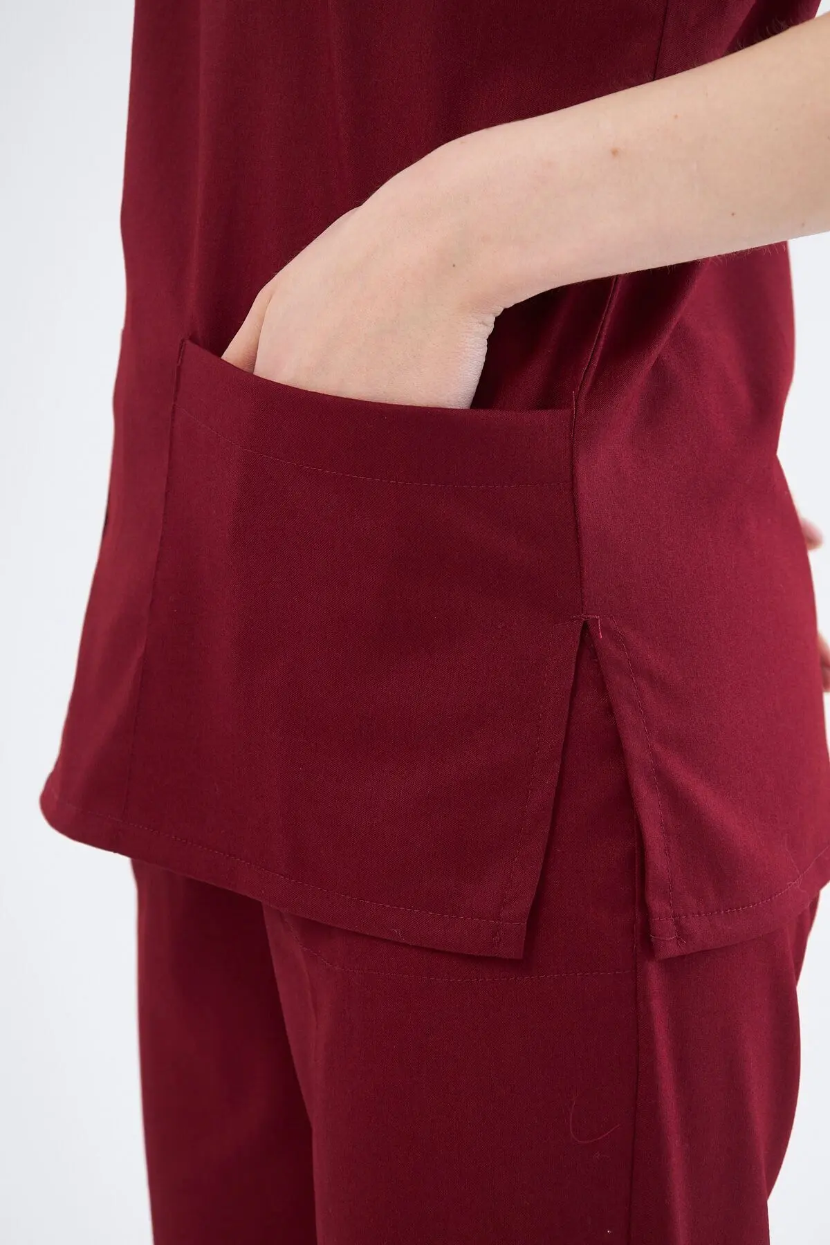 Bordo Medikal Hemşire Üniforması Unisex Yüksek Pamuk Likra Doktor Hekim Hemşire Scrubs