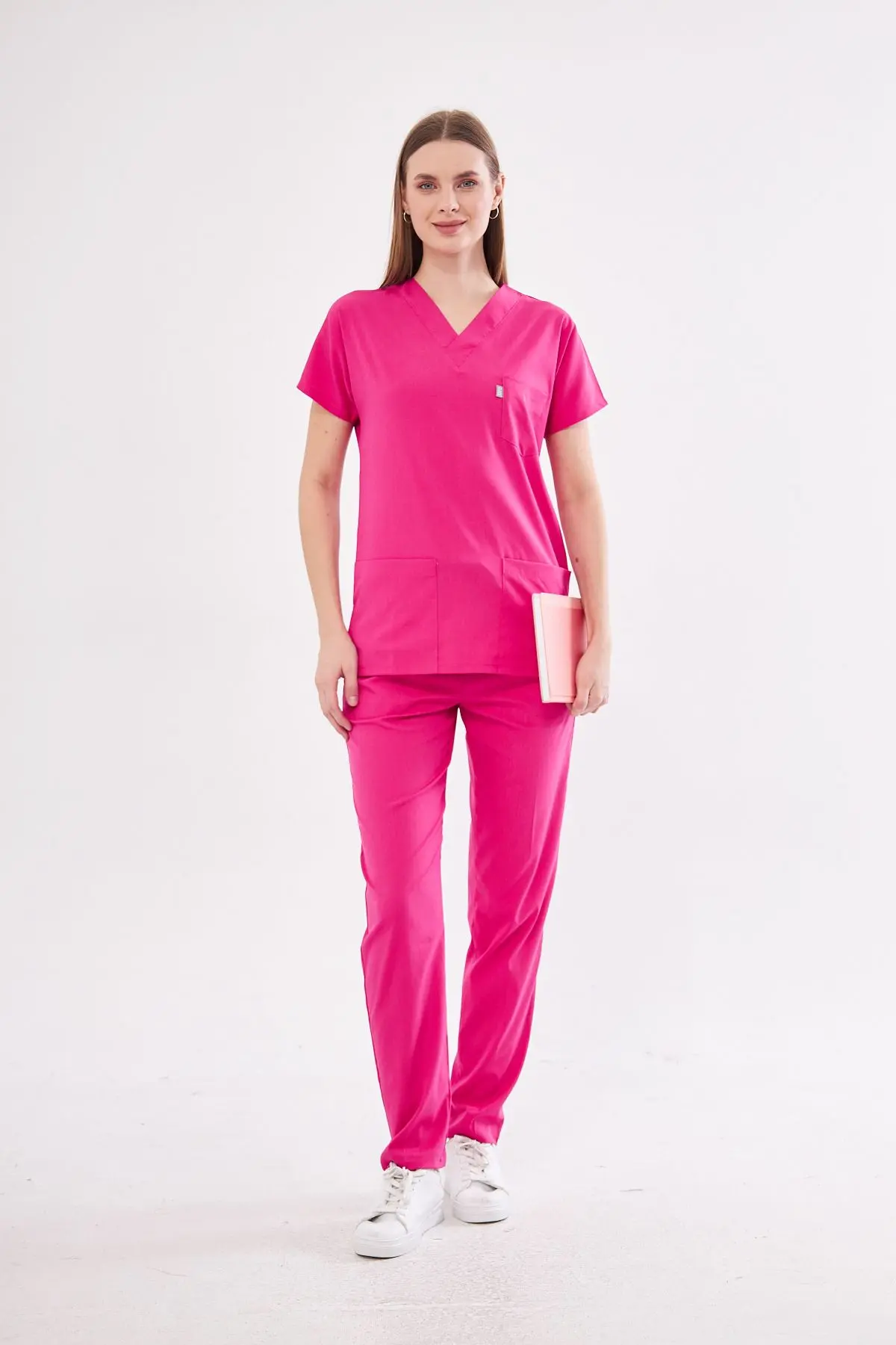 Fuşya Likralı Unisex Yarasa Kol Hemşire Ve Doktor Forması Takımı Scrubs