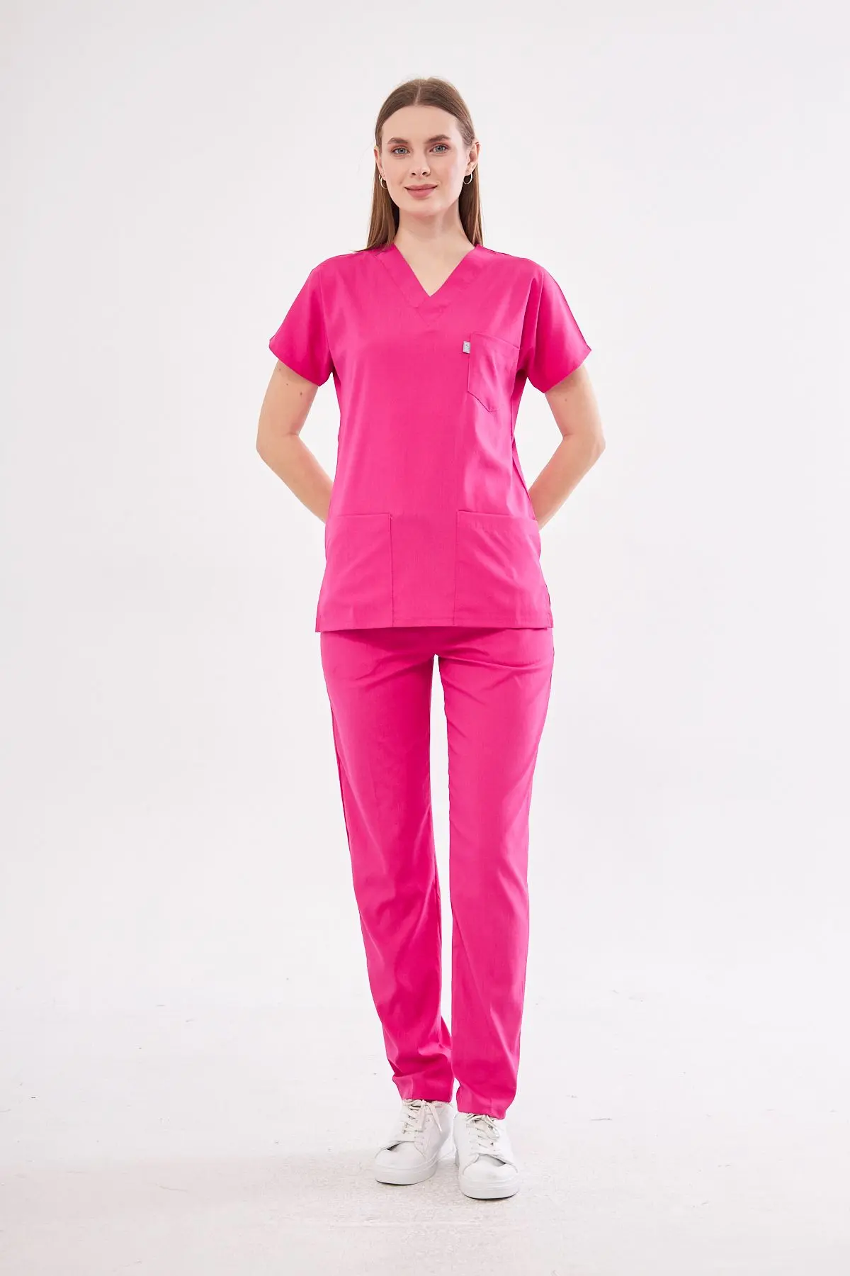Fuşya Likralı Unisex Yarasa Kol Hemşire Ve Doktor Forması Takımı Scrubs