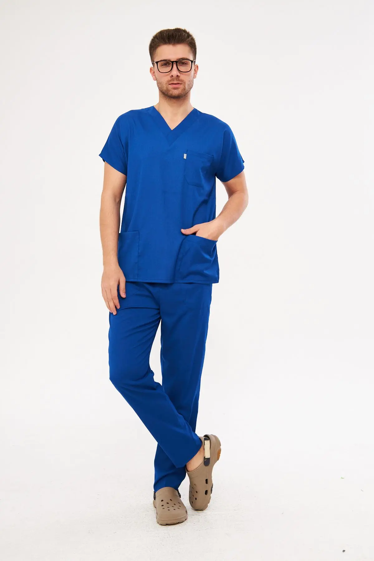 Saks Mavi Likralı Unisex Medikal Hemşire Ve Doktor Üniforması Scrubs Cerrahi Giyim Takım