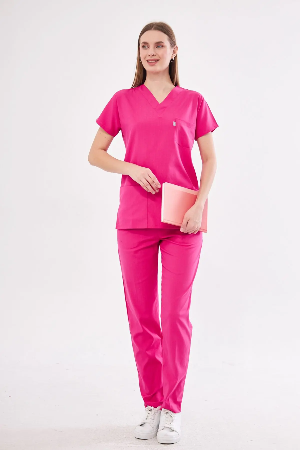 Class Üniforma Fuşya Likralı Unisex Yarasa Kol Hemşire Ve Doktor Forması Takımı Scrubs