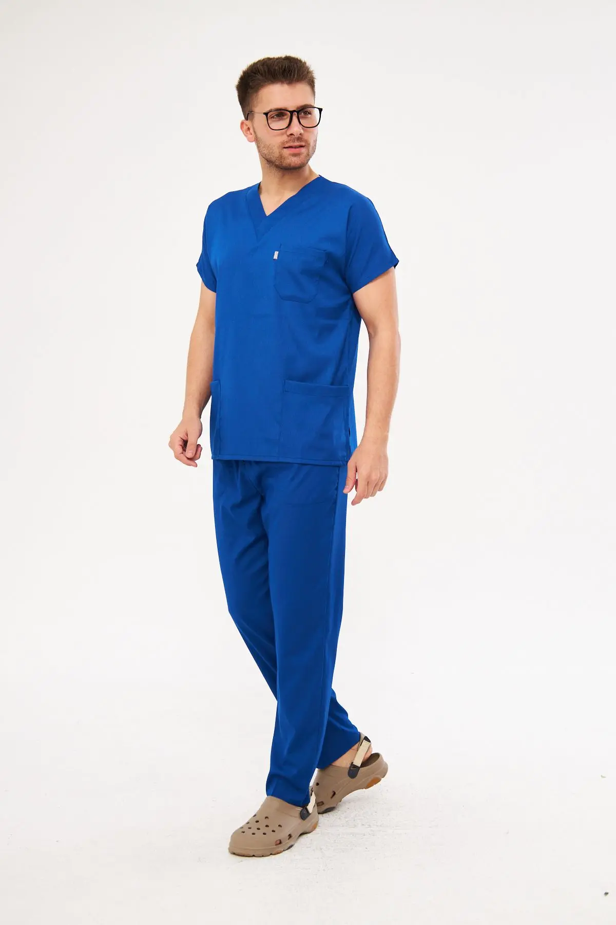 Saks Mavi Likralı Unisex Medikal Hemşire Ve Doktor Üniforması Scrubs Cerrahi Giyim Takım