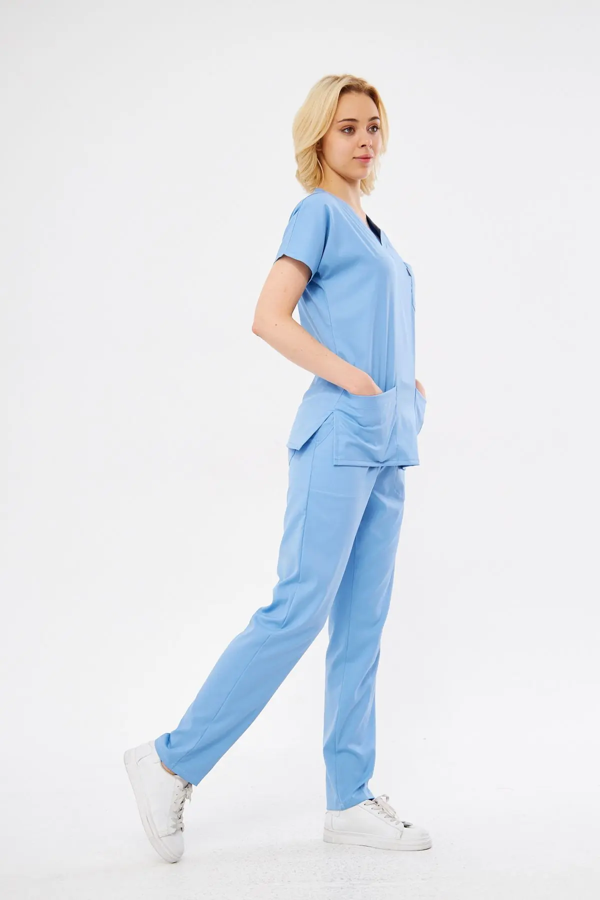 Bebe Mavisi Likralı Unisex Yarasa Kol Medikal Doktor Ve Hemşire Forması Scrubs Hastane Üniforması