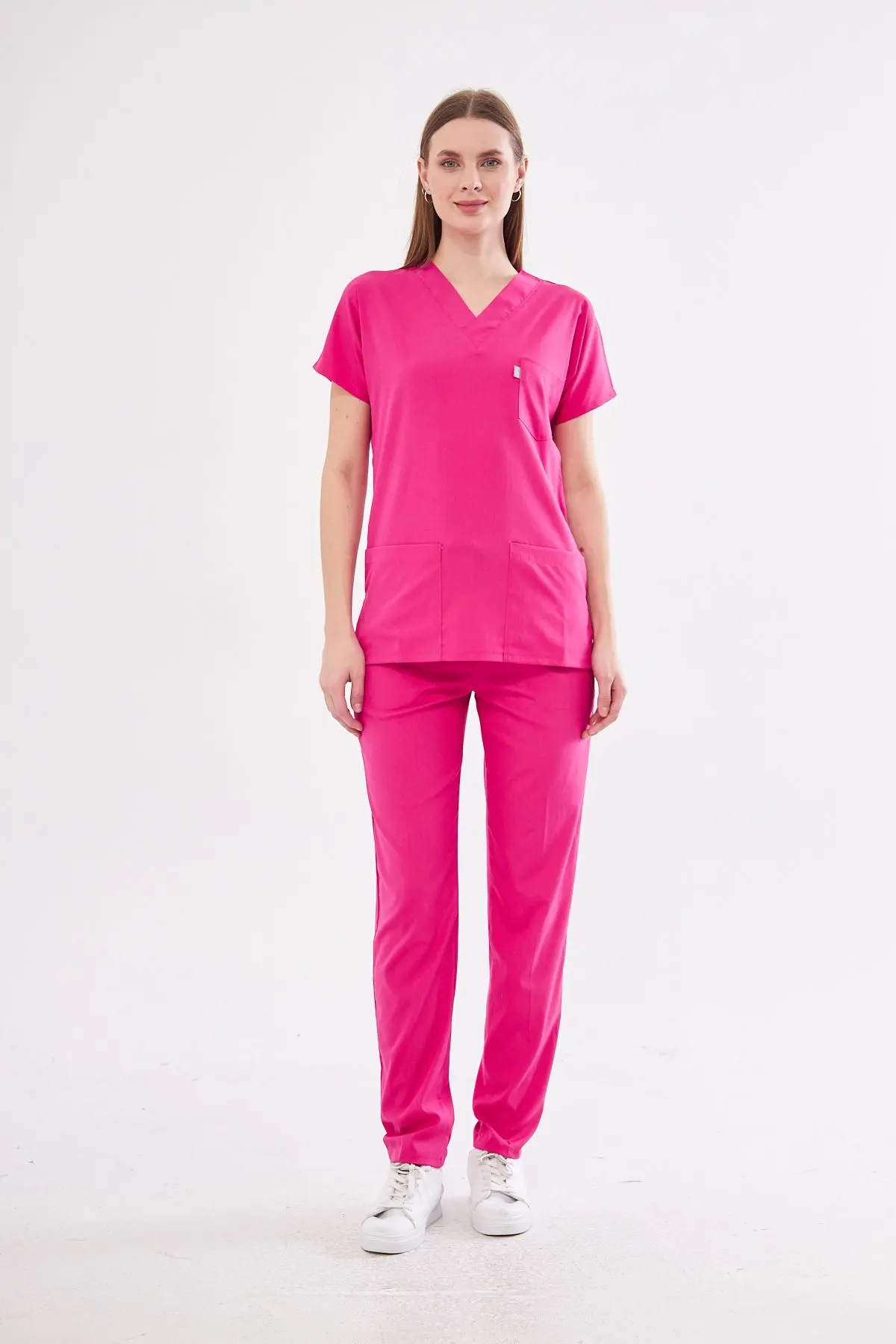 Fuşya Likralı Unisex Yarasa Kol Hemşire Ve Doktor Forması Takımı Scrubs