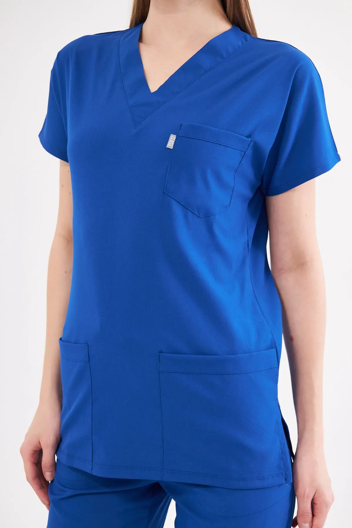 Saks Mavi Likralı Unisex Medikal Hemşire Ve Doktor Üniforması Scrubs Cerrahi Giyim Takım