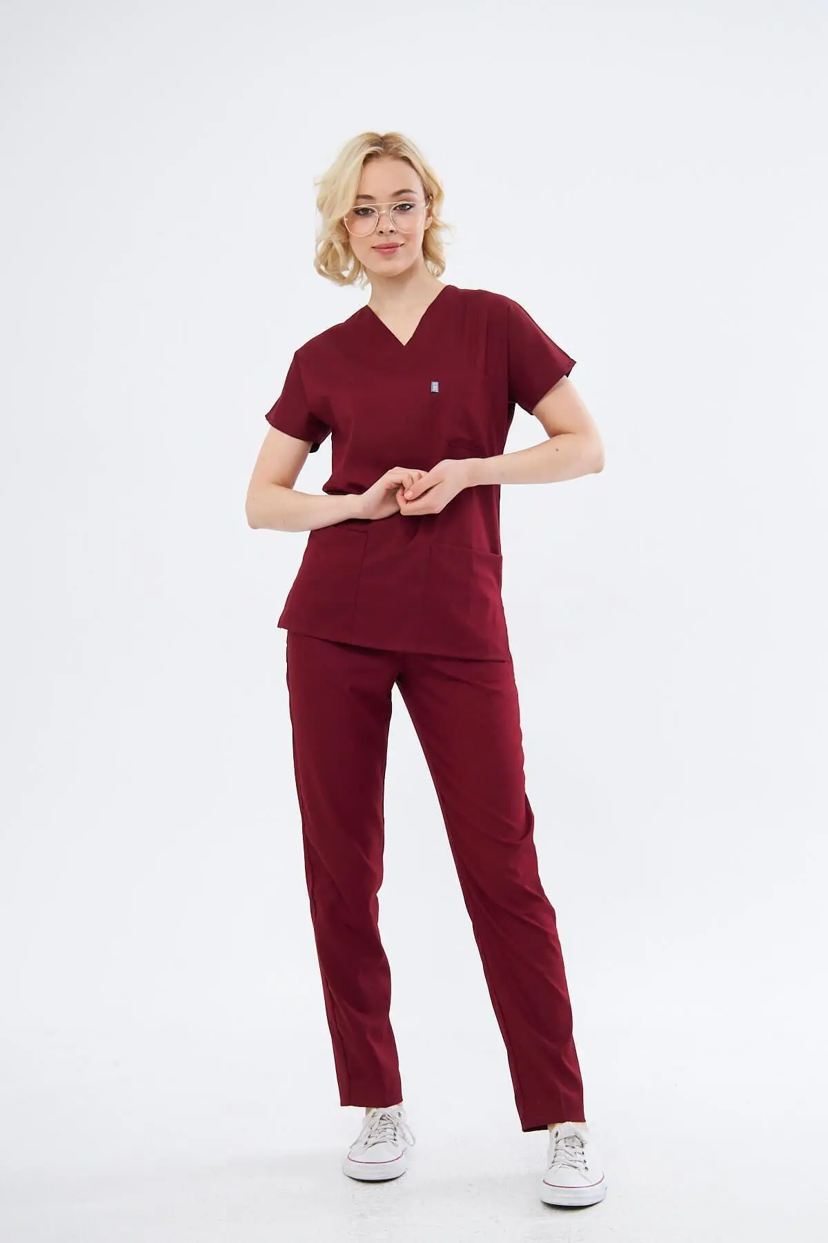 Bordo Medikal Hemşire Üniforması Unisex Yüksek Pamuk Likra Doktor Hekim Hemşire Scrubs