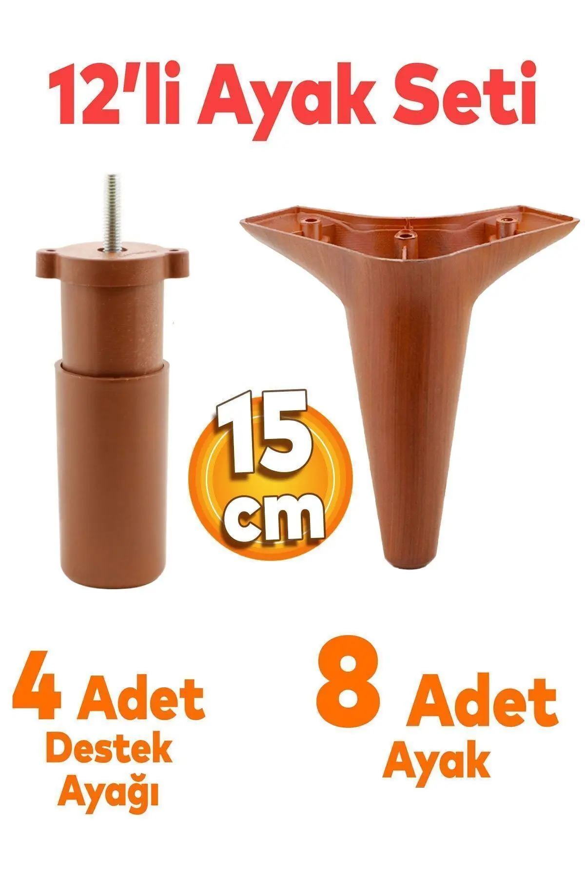 Badem10 Aspen 12'li Set Lüks Mobilya Kanepe Koltuk Baza Ayağı Ayakları 15 Cm Ahşap Desenli Kahverengi Ayak