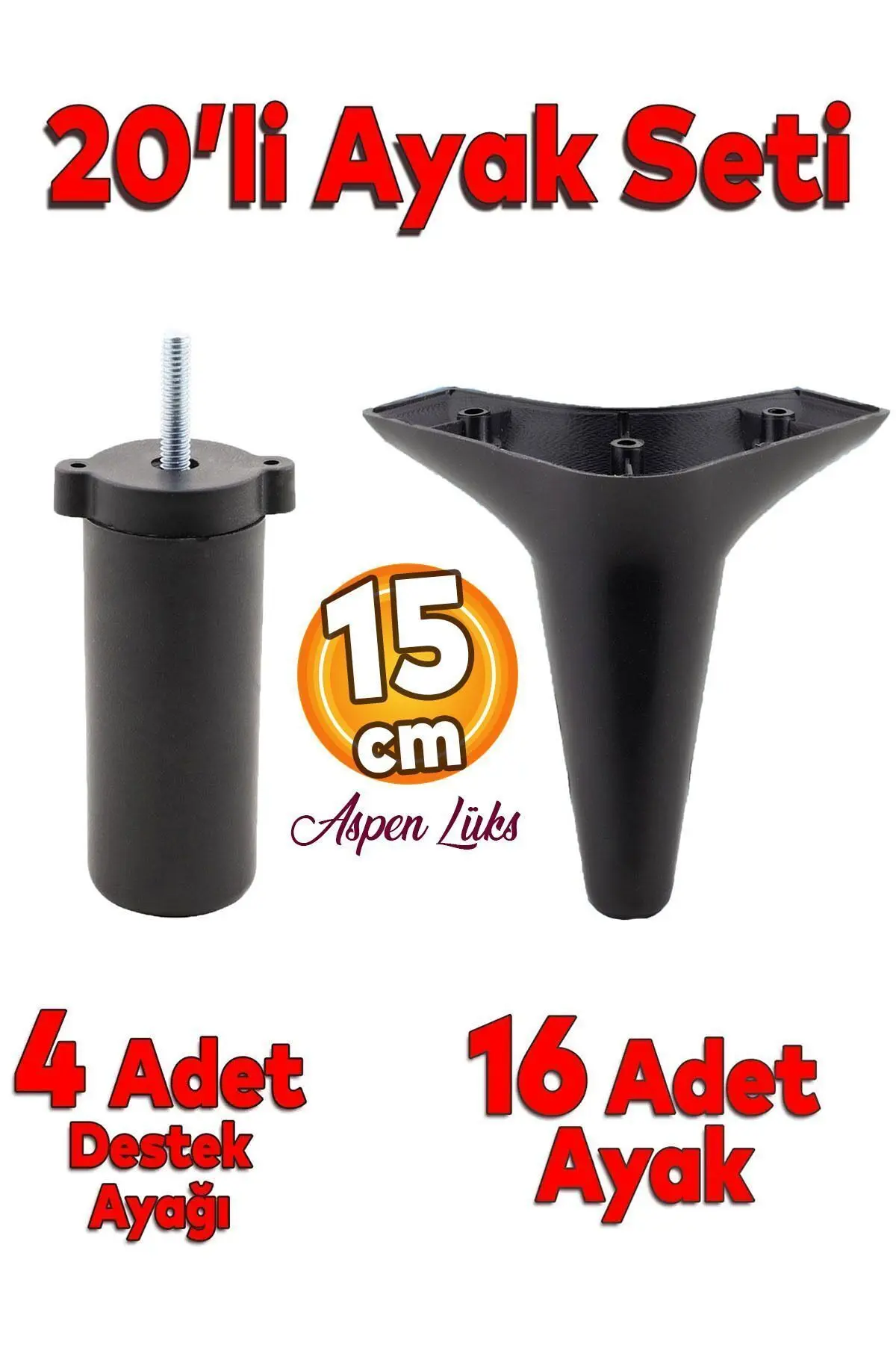 20'li Set Aspen Lüks Mobilya Koltuk Kanepe Tv Ünitesi Yükseltme Destek Ayağı 15 cm Siyah Ayakları