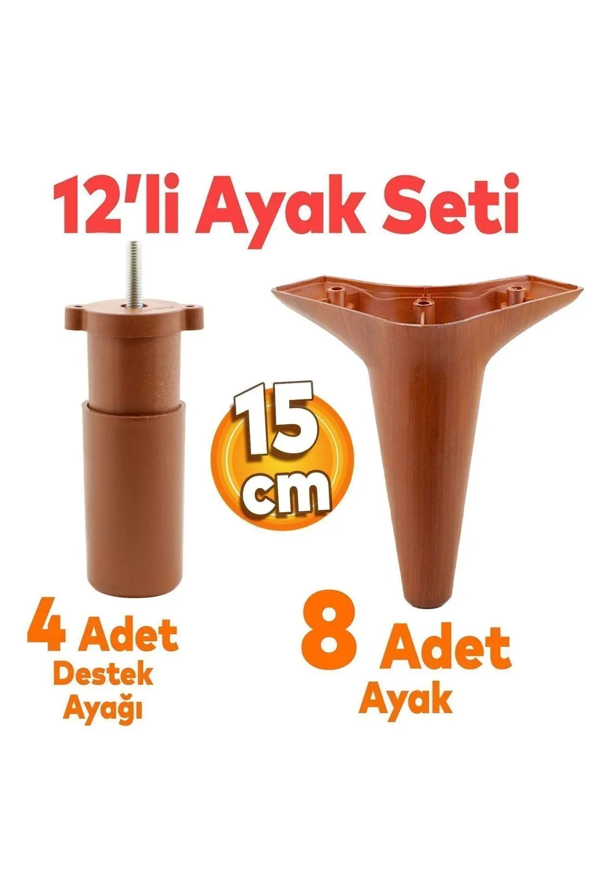 Aspen 12'li Set Lüks Mobilya Kanepe Koltuk Baza Ayağı Ayakları 15 Cm Ahşap Desenli Kahverengi Ayak