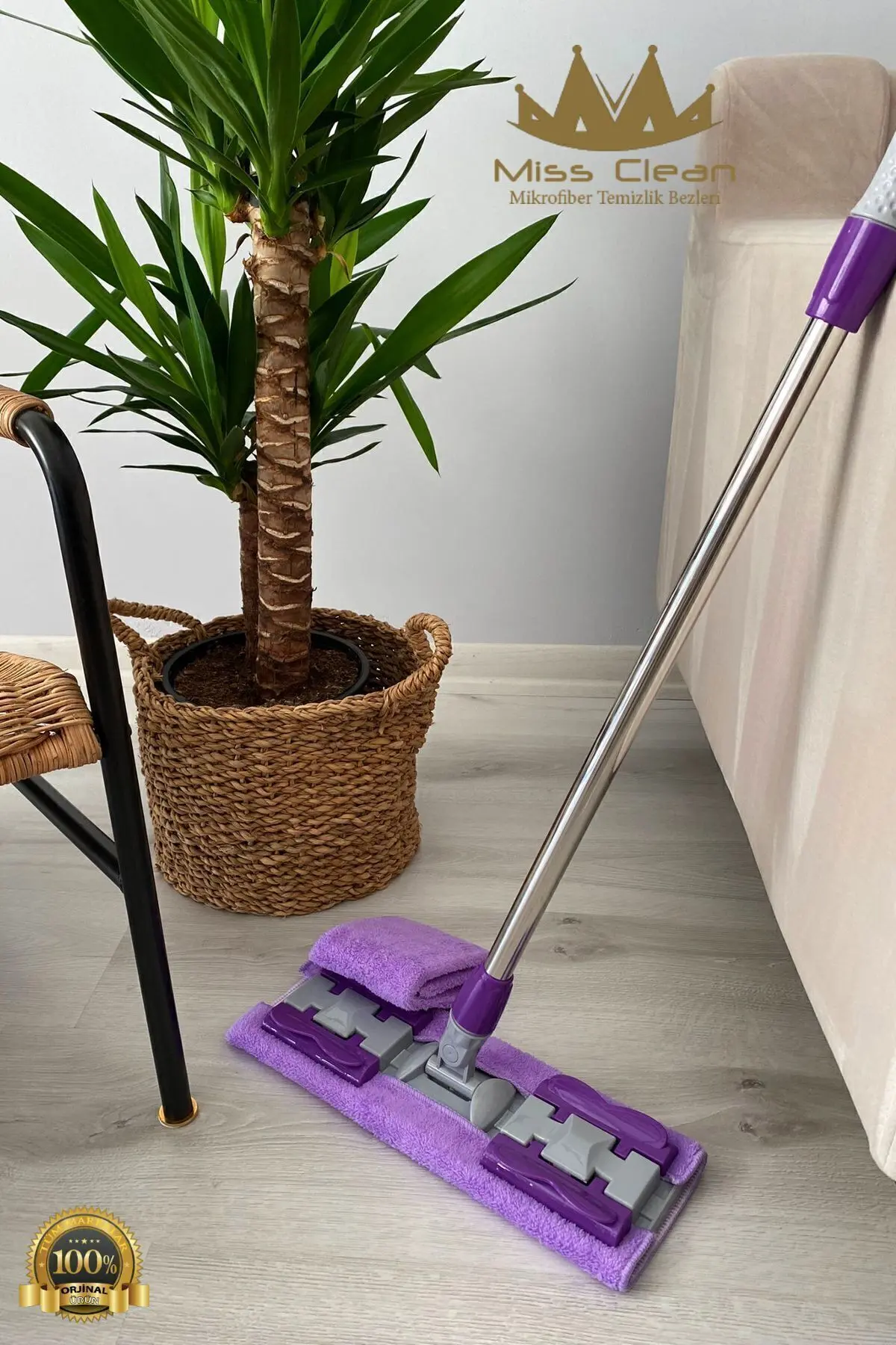 MissClean ( 1 Adet Yedek Bez Hediyeli ) Yer Mopu Fayans Duvar Yüzey Temizlik Mikrofiber Mandallı Mop