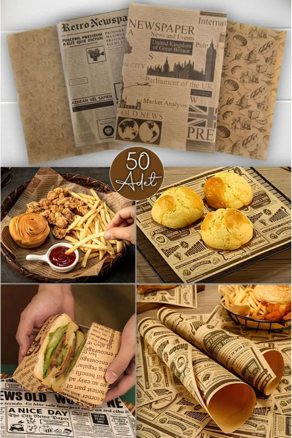 AYGÖREN HOME Kendinden Desenli Yağlı Kağıt | 50 Adet Vintage Gazete Desen Sunum Kağıdı | Karışık Desen