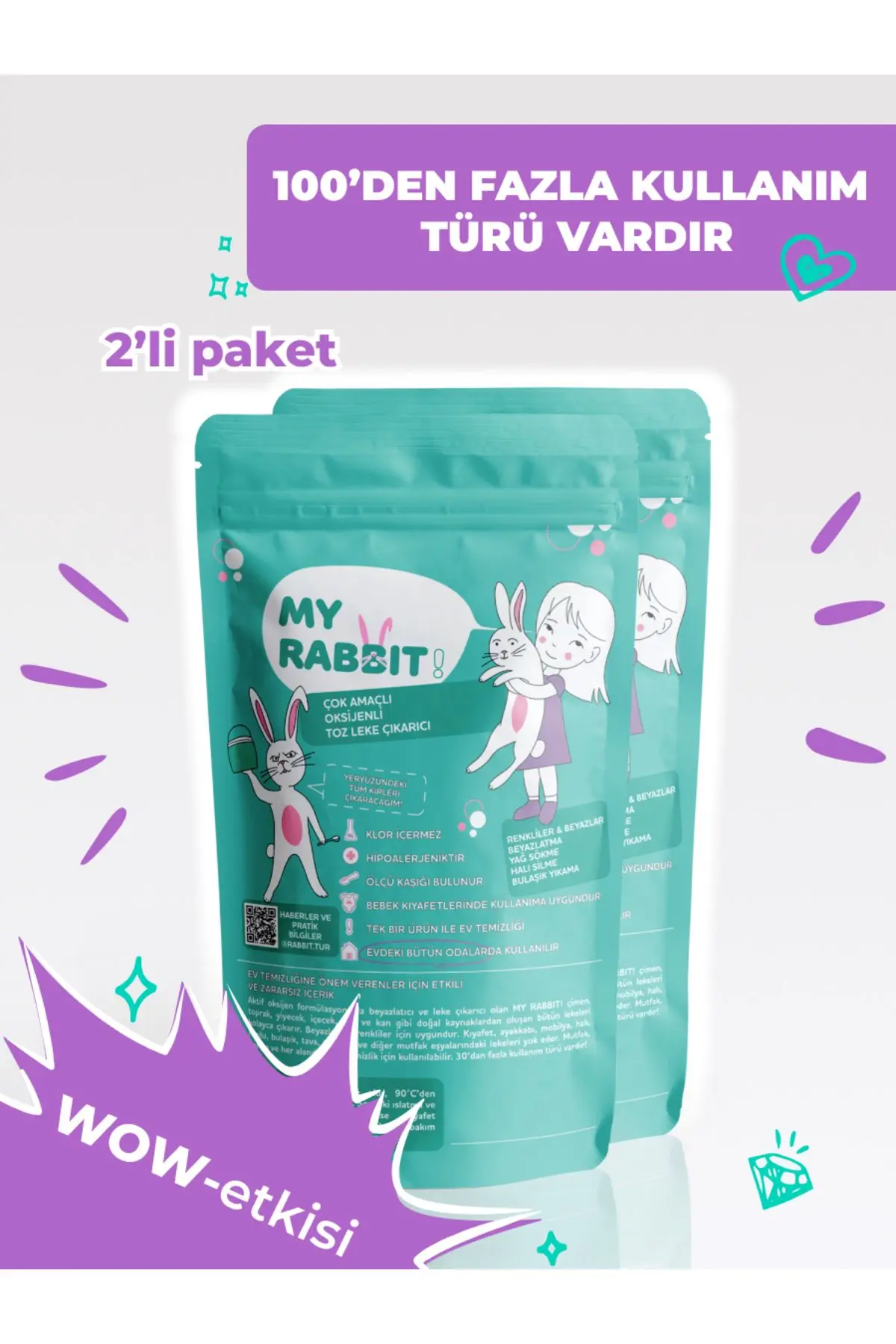 My Rabbit Çamaşır Ve Yüzey Için Çok Amaçlı Oksijenli Toz Leke Çıkarıcı ve beyazlatıcı 2'li Paket 2 X 800 gr