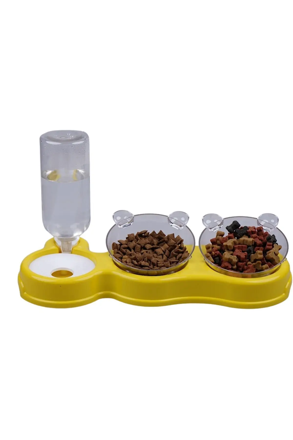 Çift Hazneli- 3' Lü Beslenme Mama Ve Su Kabı Sarı 500ml 36*21*16 Cm