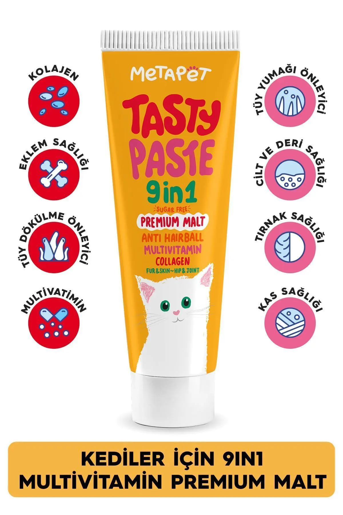 Metapet Kediler için 9in1 MultiVitamini Macunu, Tüy Eklem Glukozamin Yavru Sağlığı Destekleyici Malt 100ML