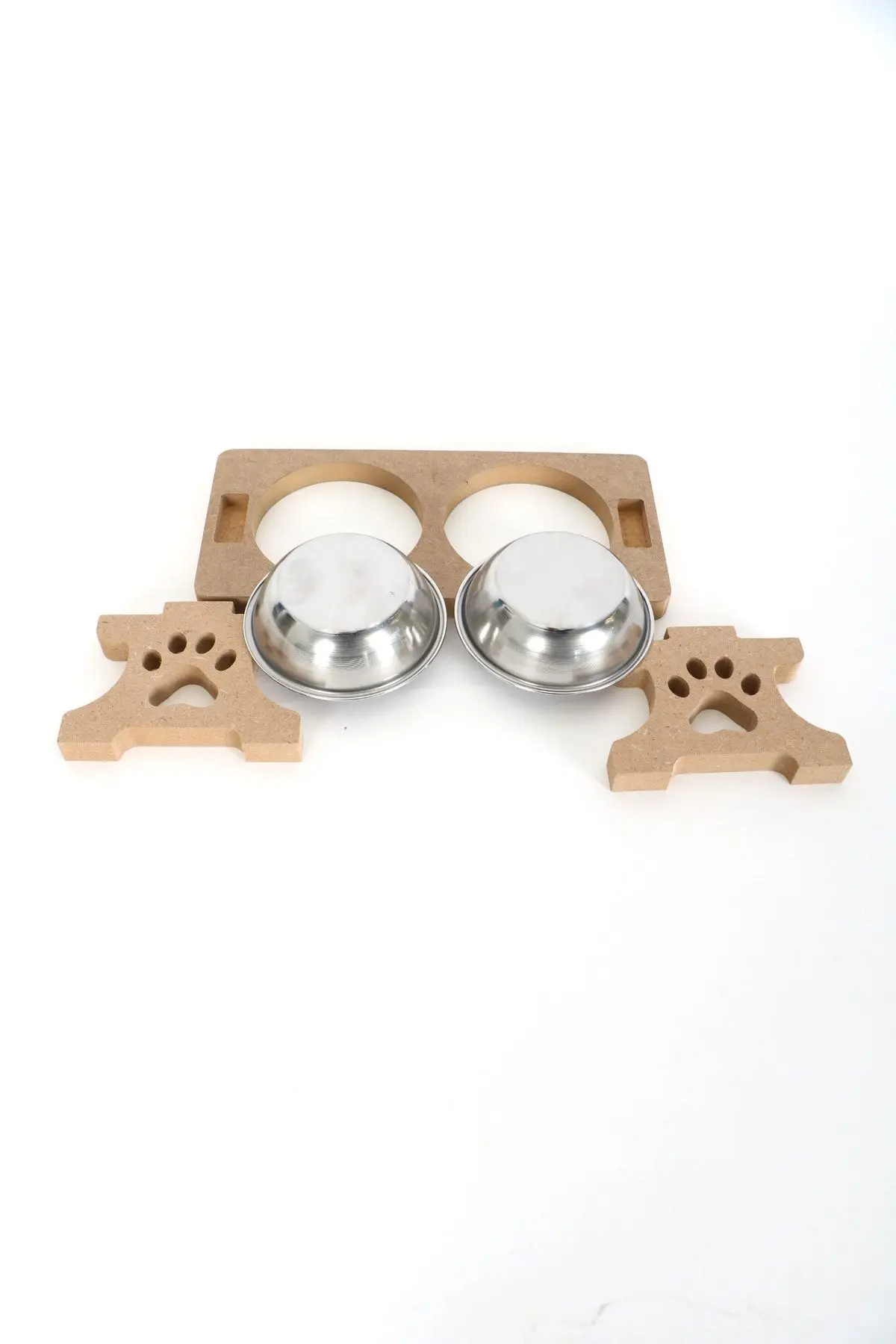 Ahşap Demonte 2 Çelik Taslı Kedi Mama Ve Su Kabı