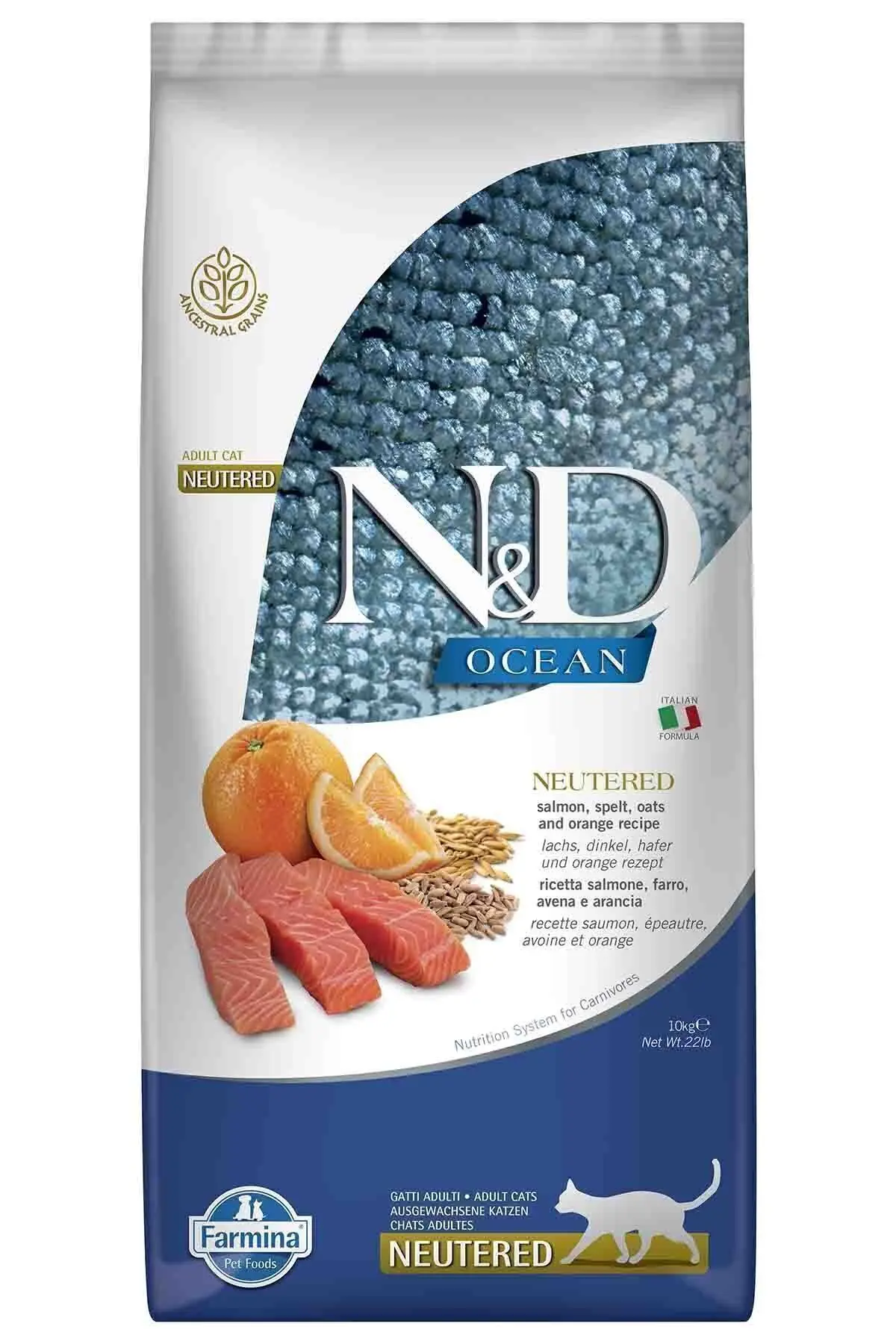N & D Ocean Somonlu Portakallı Düşük Tahıllı Kısırlaştırılmış Kedi Maması 10 Kg