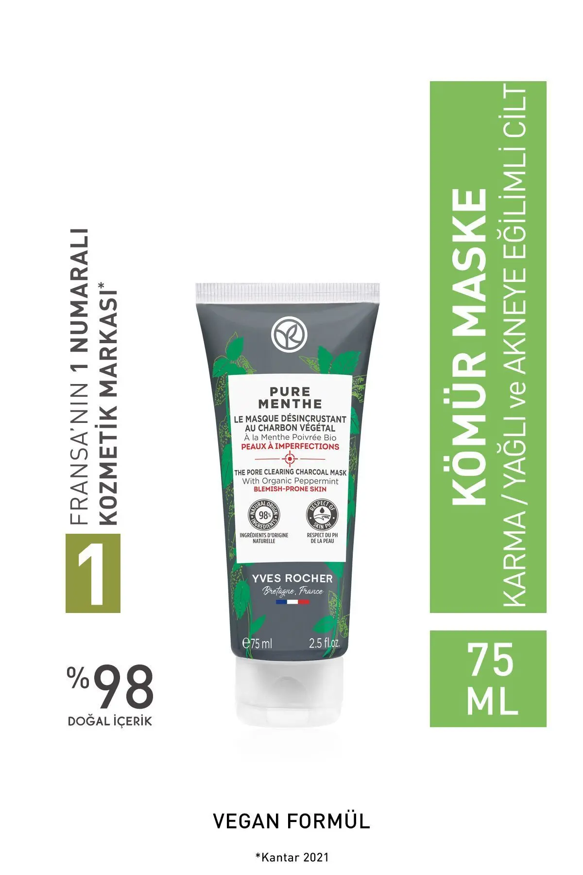 Yves Rocher Karma, Yağlı Ve Akneye Eğilimli Ciltler Için Pure Menthe Kömür Maske-75 ml