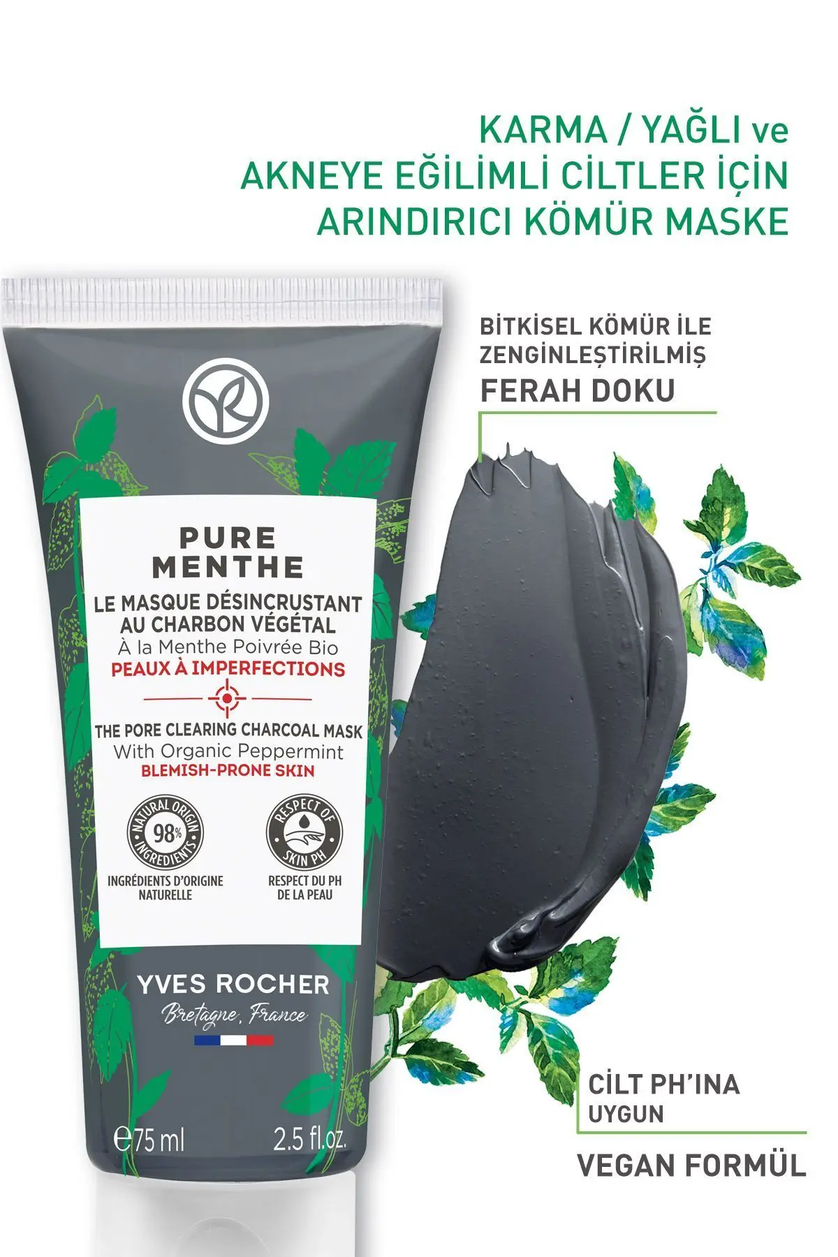 Karma, Yağlı Ve Akneye Eğilimli Ciltler Için Pure Menthe Kömür Maske-75 ml